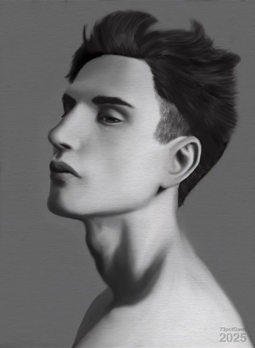 Digital monochrome painting of a man’s head and shoulders in profile.