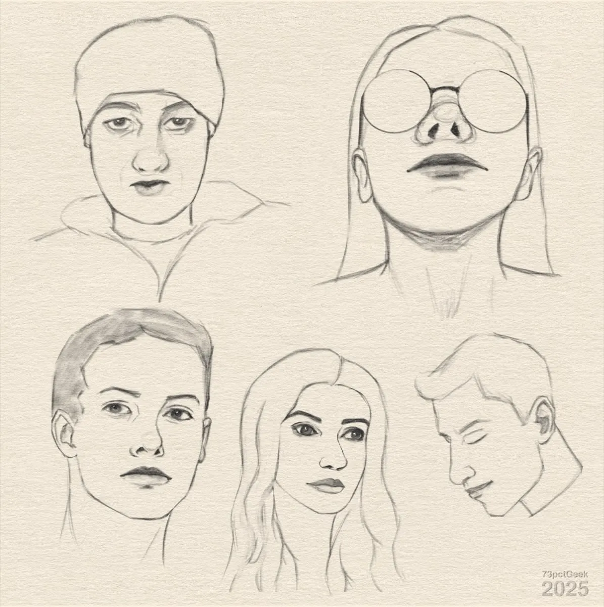 Digital line-art sketches of five different heads.