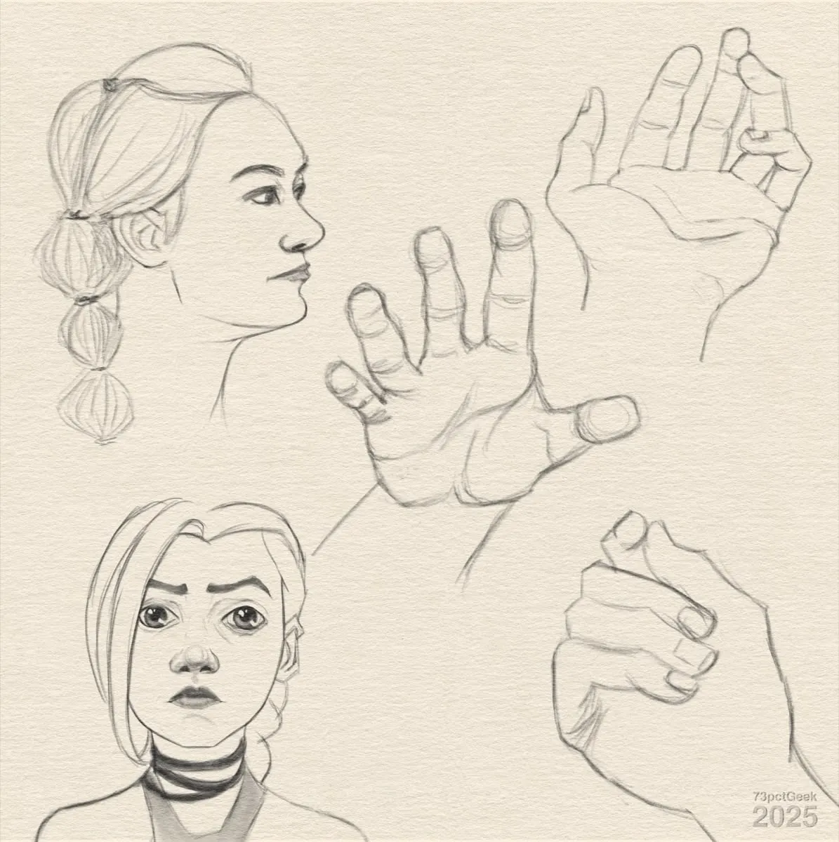 Digital sketches of three different hands in various positions, and line-art portraits of two different women.
