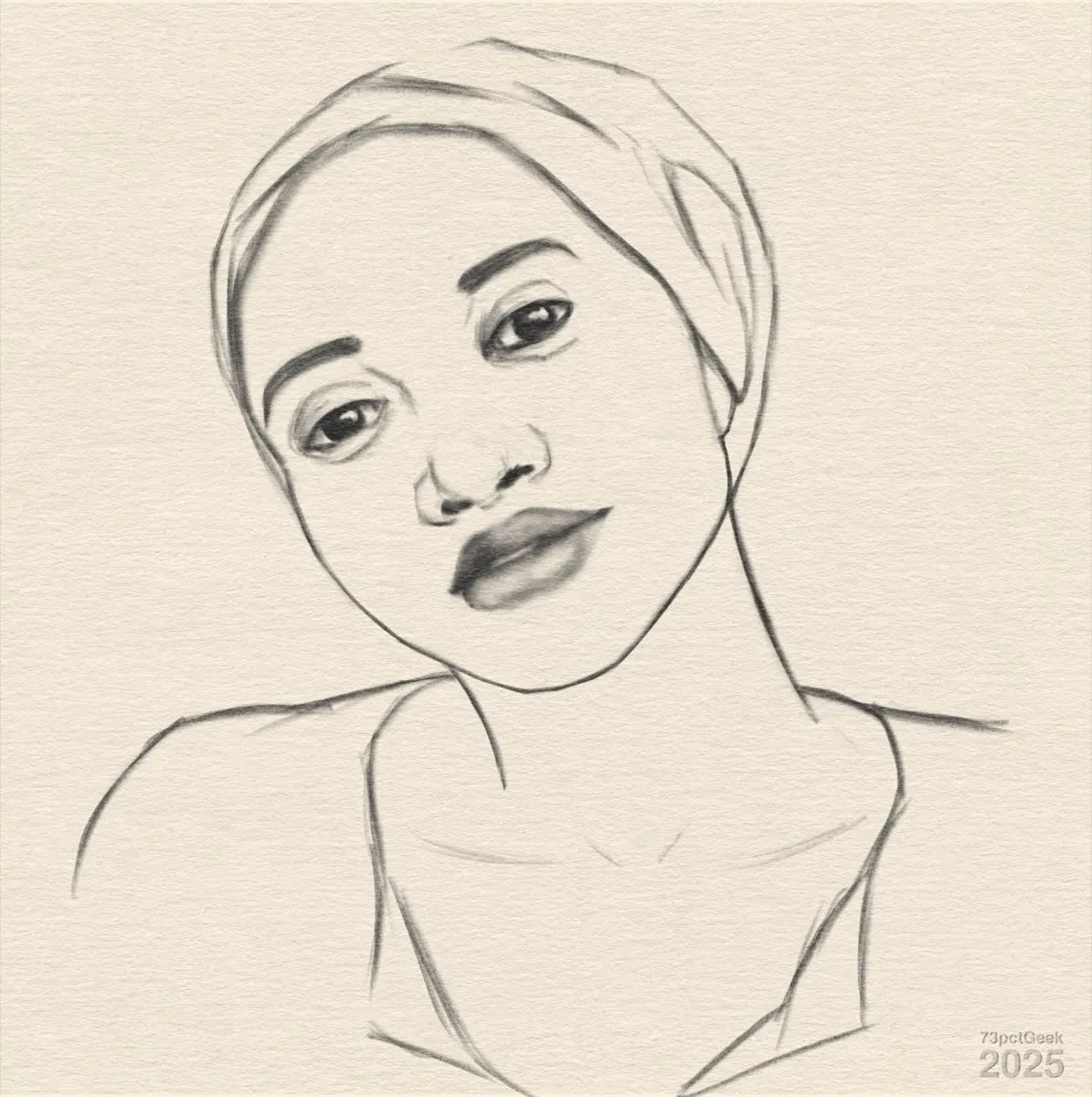 Digital graphite sketch of a woman's head and shoulders. Her head is slightly tilted to one side, and she is wearing a headwrap.