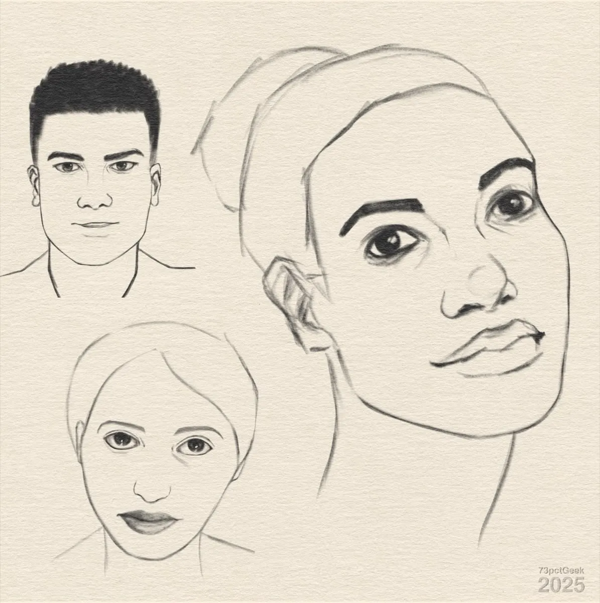 Digital line-art sketches of three different heads.