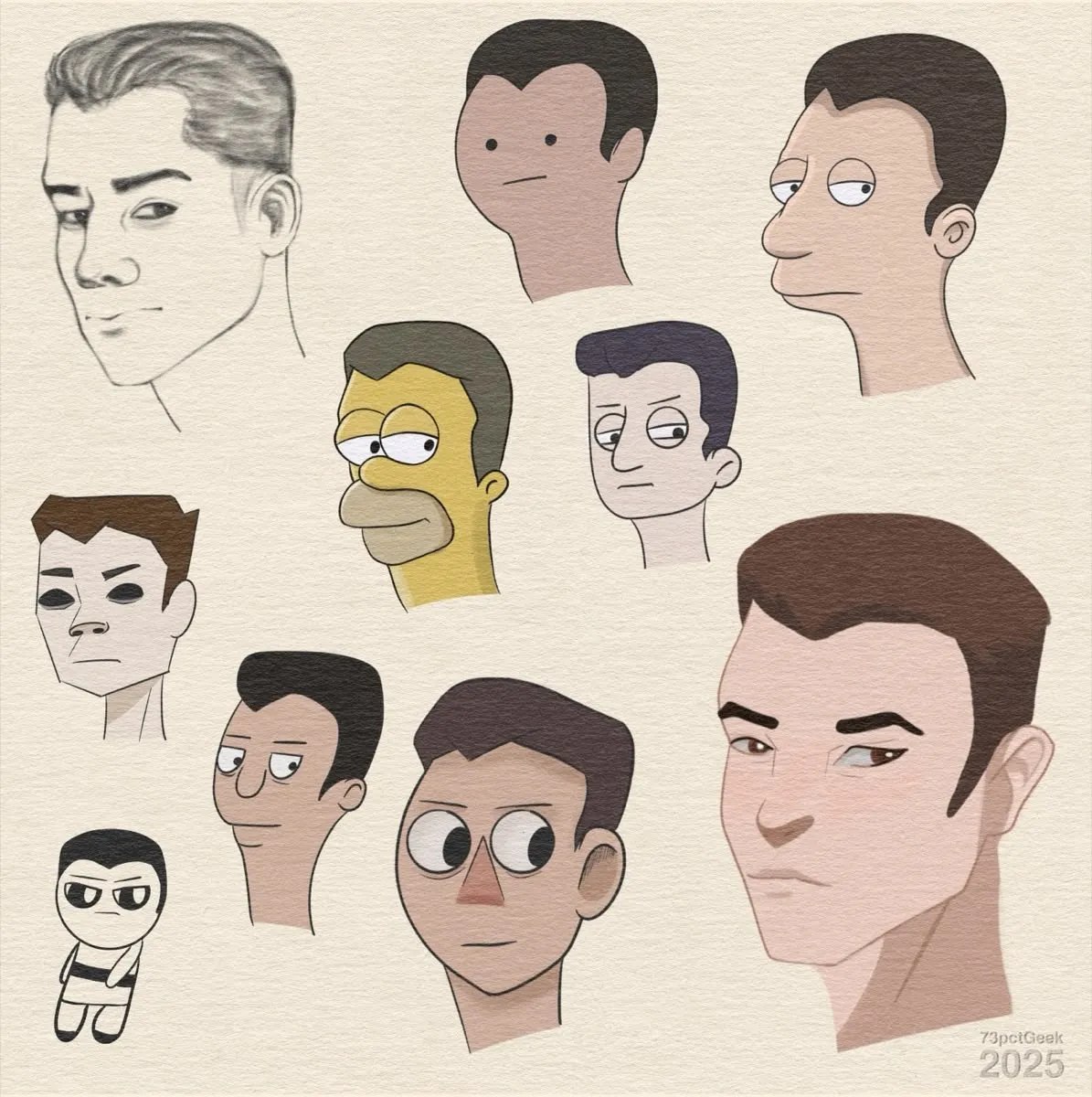 Digital sketch of what is supposed to be the same man rendered in different art styles. The first image is a line-art sketch rendered in graphite of a man’s head, in ¾ view, he is looking off to the side, done in whatever passes for my style. Styles attempted: My «style», The Simpsons, Adventure Time, Disenchanted, Lower Decks, Bob’s Burgers, Over The Garden Wall, Gorillaz, The Dragon Prince, Powerpuff Girls.