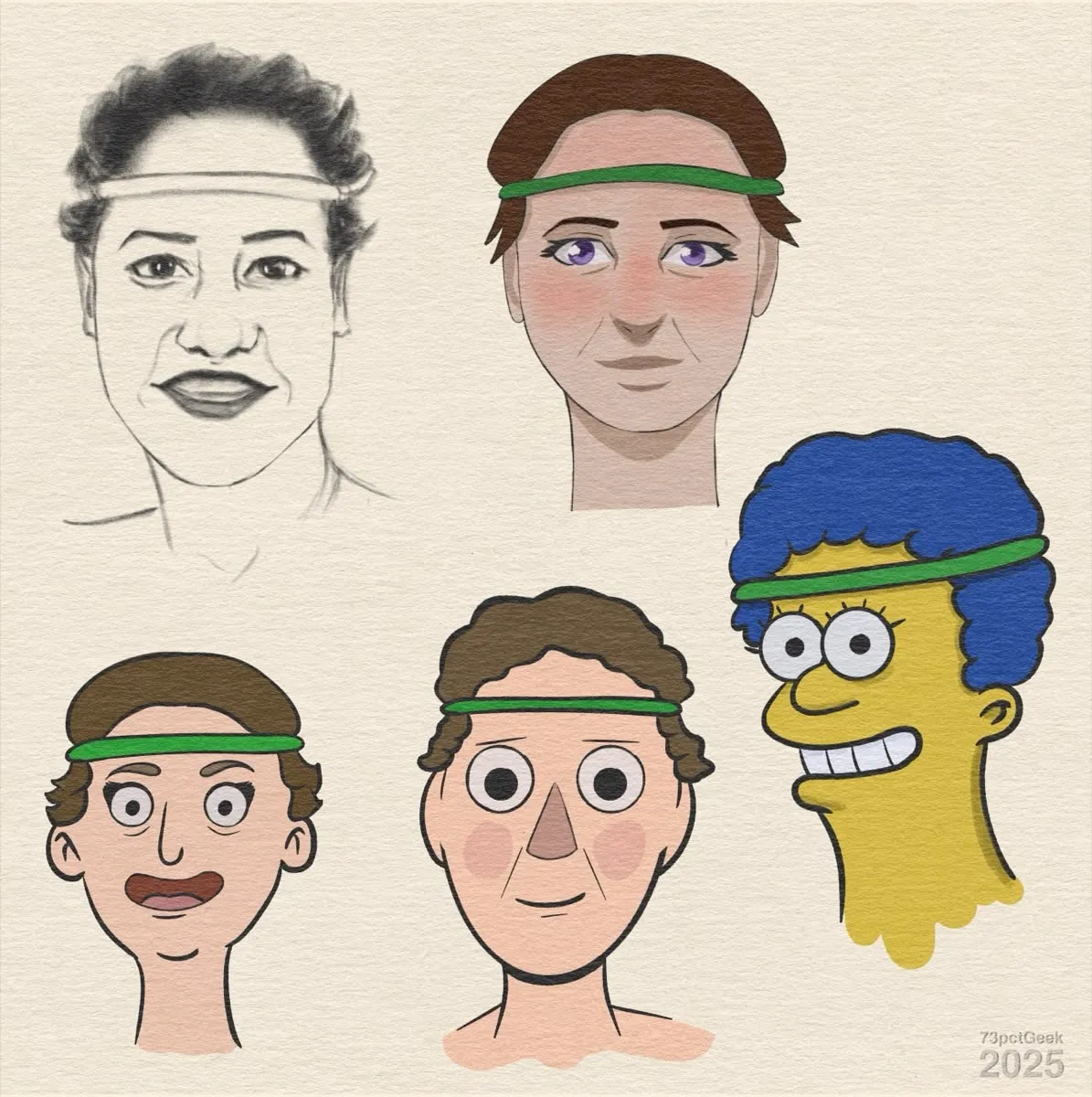 Digital sketch of what is supposed to be the same woman rendered in different art styles. The first image is a line-art sketch rendered in graphite of a woman, facing the viewer, and wearing a headband. Styles attempted: My «style», The Simpsons, Bob’s Burgers, Over The Garden Wall, The Dragon Prince.