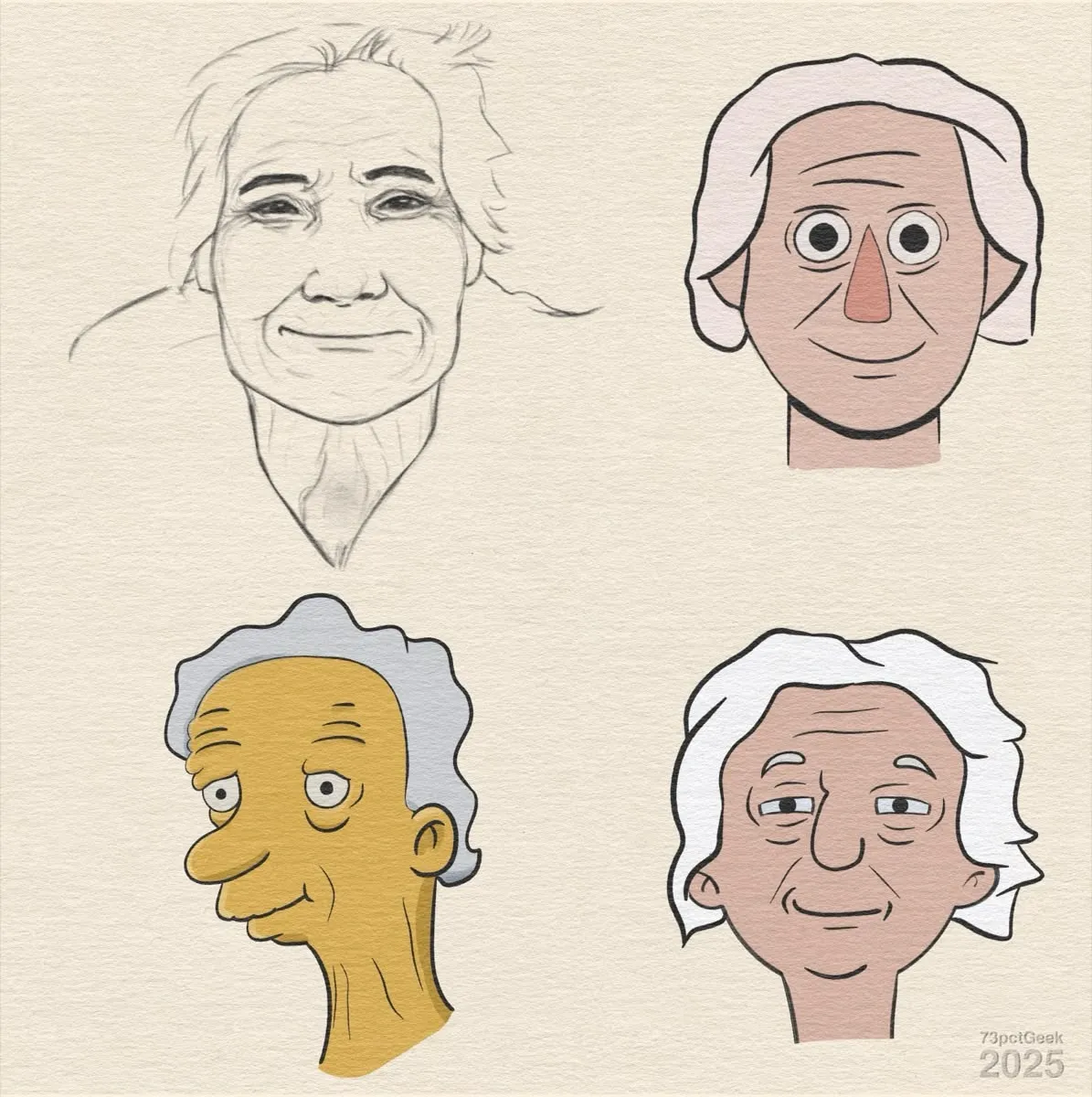 Digital sketch of what is supposed to be the same man rendered in different art styles. The first image is a line-art sketch rendered in graphite of an old man, facing the viewer. Styles attempted: My «style», The Simpsons, Bob’s Burgers, Over The Garden Wall.