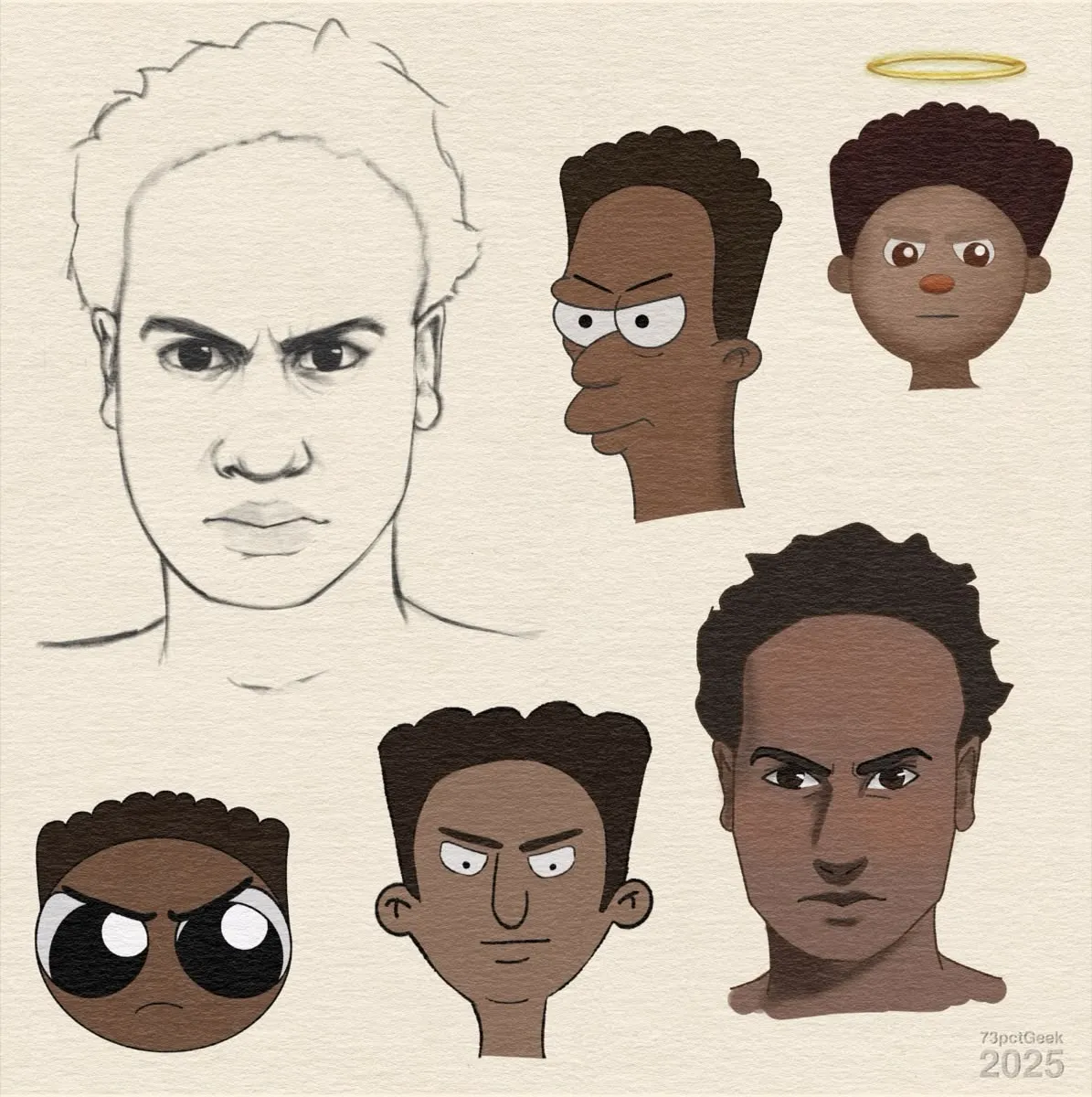 Digital sketch of what is supposed to be the same man rendered in different art styles. The first image is a line-art sketch rendered in graphite of a man’s head, done in whatever passes for my style. Styles attempted: My «style», The Simpsons, Bob’s Burgers, The Dragon Prince, Powerpuff Girls, and Animal Crossing New Horizons.