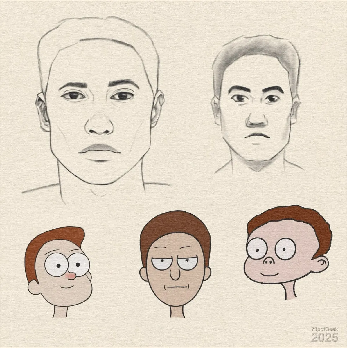 Digital sketch of what is supposed to be the same man rendered in different art styles. The first image is a line-art sketch rendered in graphite of a man’s head, done in whatever passes for my style. Styles attempted: My «style», a very poor rendition of a Disneyfied character, Rick and Morty, Rugrats, and Gravity Falls.