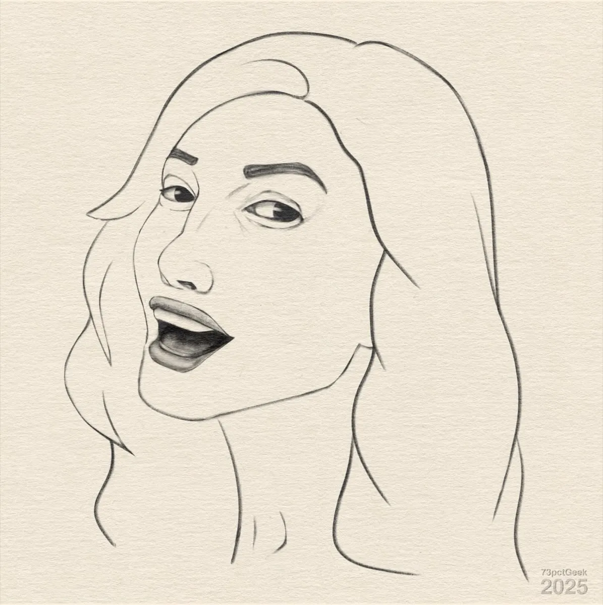 Digital line art sketch of a woman’s head. She’s looking at the viewer in ¾ profile and has her mouth open in a silly gaping half-smile.