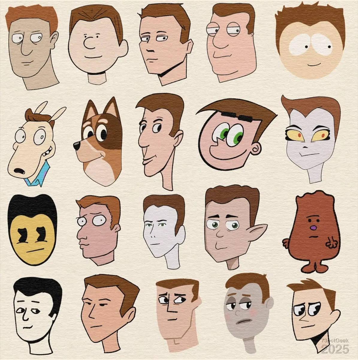 Digital sketch of the same man in different art styles. From left to right:Row 1: Inspector Gadget, Peanuts, Nemi, Family Guy, South Park. Row 2: Rocko’s Modern Life, Bluey, Lucky Luke, Fairly Oddparents, Hazbin Hotel. Row 3: Bendy and the Ink Machine, Pearls Before Swine, Tatami Galaxy, The Owl House, Mr. Men. Row 4: Persepolis, Daria, Samurai Jack, Ruby Gloom, My Life As A Teenage Robot.