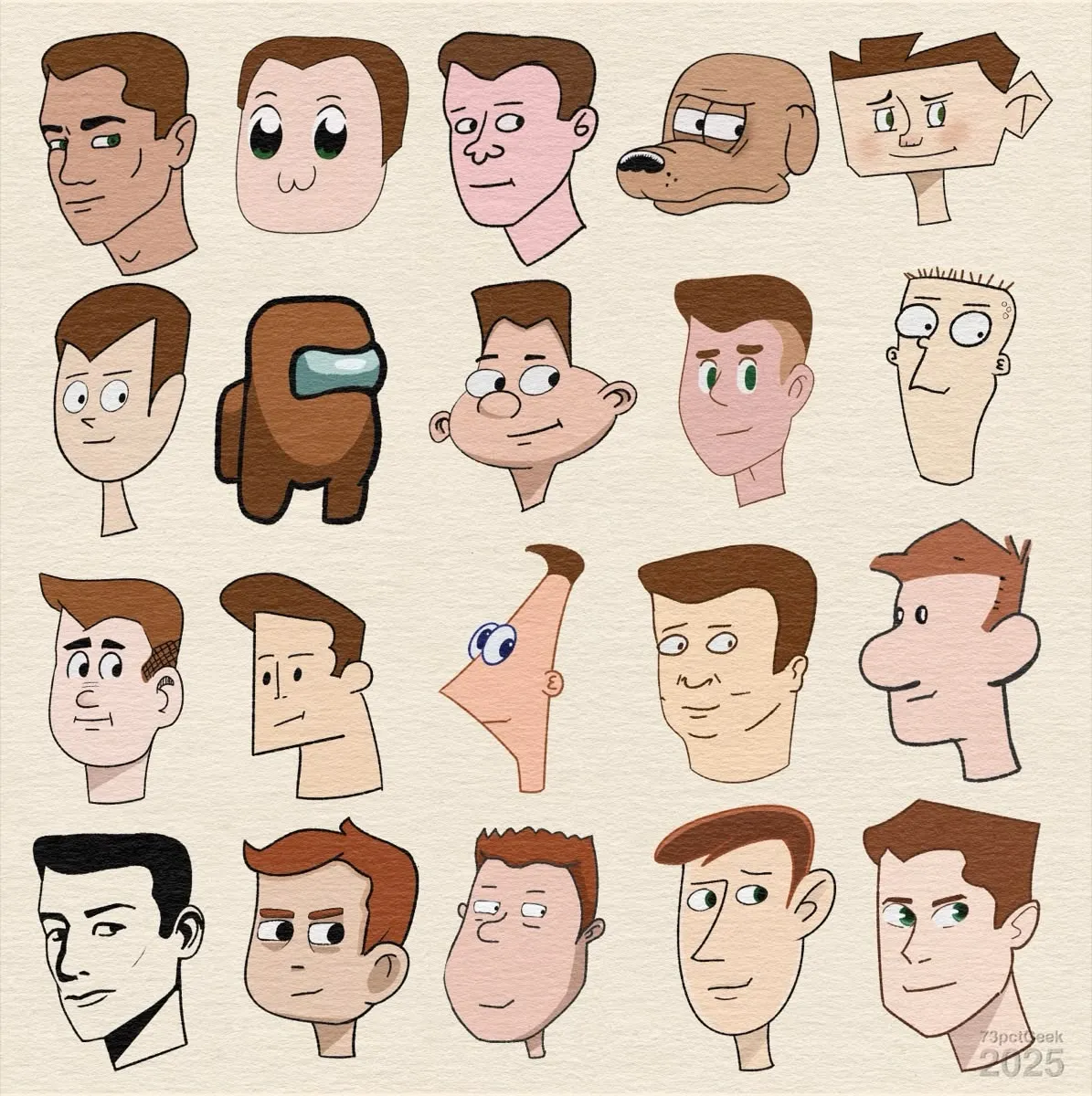 Digital sketch of the same man in different art styles. From left to right: Row 1: Spartakus and the Sun Beneath the Sea, Pop Team Epic, Bojack Horseman, Rocky, The Replacements. Row 2: Fosters Home for Imaginary Friends, Among Us, Hey Arnold, Bee &amp; Puppycat, Ed, Edd n Eddy. Row 3: Archie, Johnny Bravo, Phineas &amp; Ferb, King of the Hill, Calvin &amp; Hobbes. Row 4: Prince Valiant, Scott Pilgrim, Wild Thornberrys, Kim Possible, She-Ra.