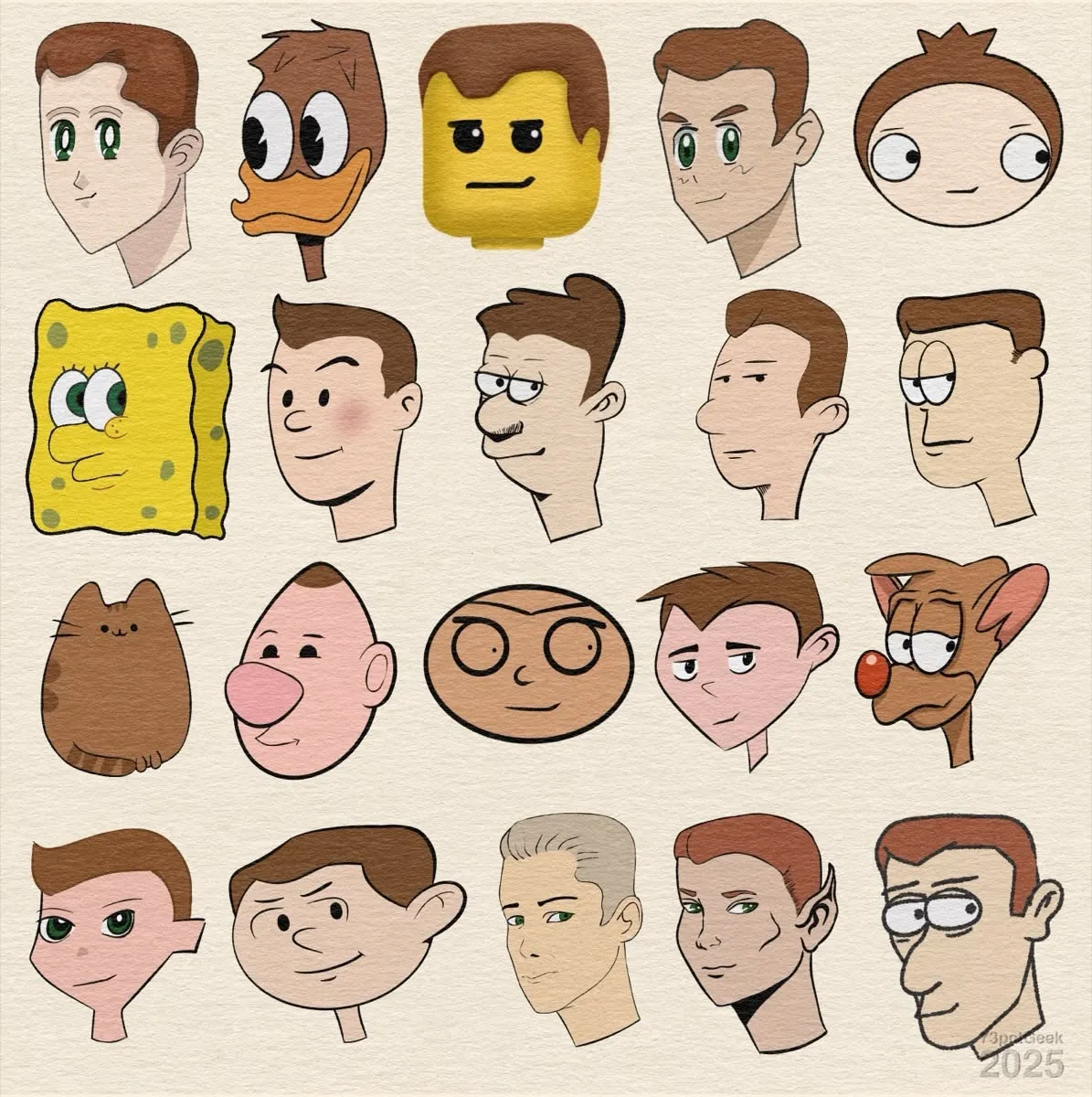 Digital sketch of the same man in different art styles. From left to right: Row 1: Sailor Moon, Ducktales, Lego, Pokémon, Pucca. Row 2: SpongeBob SquarePants, TinTin, Pondus, Kollektivet, Garfield. Row 3: Pusheen, Grim Adventures of Billy and Mandy, Making Fiends, Teen Titans, Pinky and the Brain. Row 4: Panty and Stocking, Kids Next Door, Möbius, Elfquest, The Far Side.