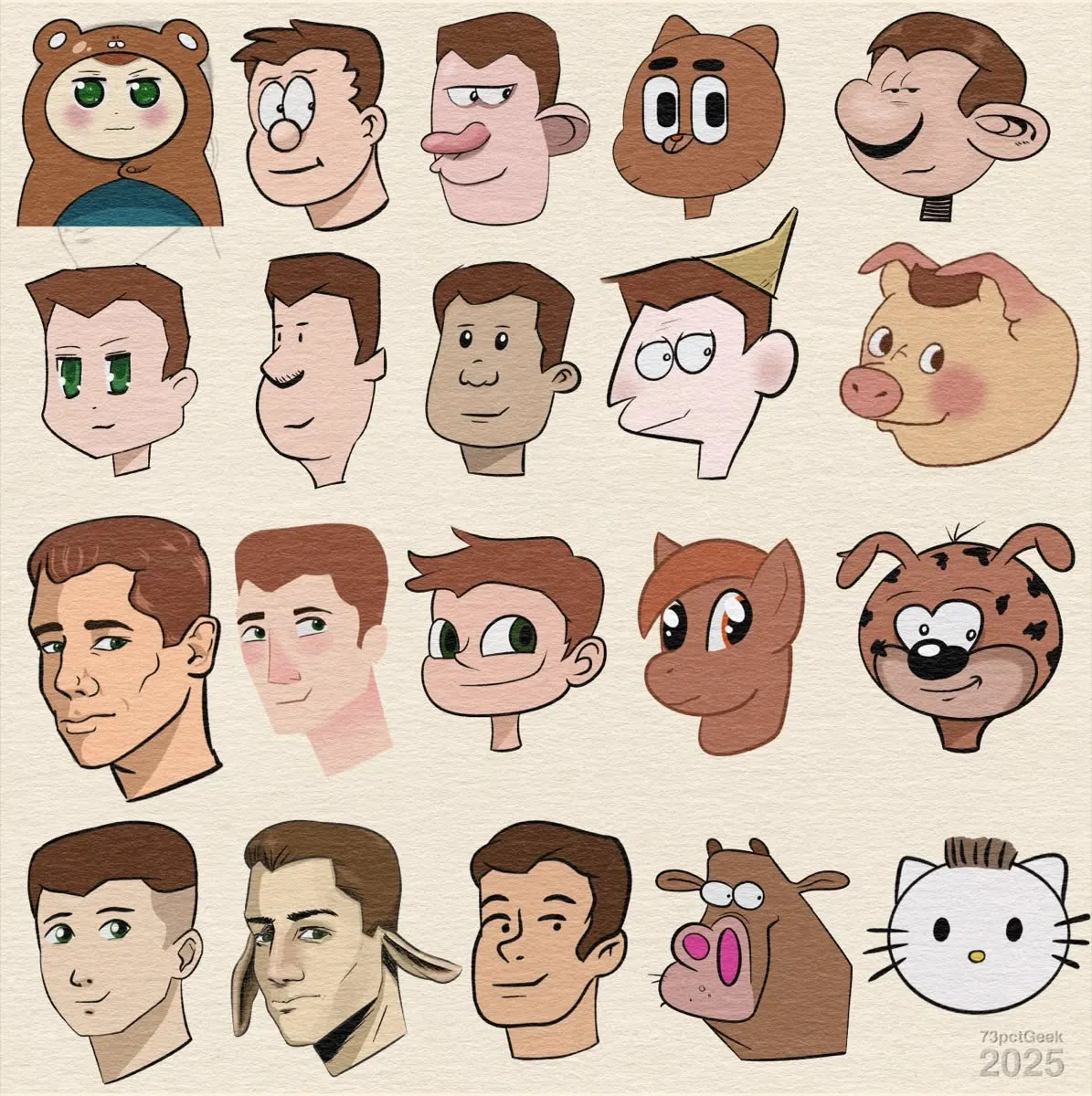 Digital sketch of the same man in different art styles. From left to right: Row 1: Himouto Umaru-Chan, Beano, M, Gumball, Gaston. Row 2: Lucky Star, Zits, Once upon a time, Dunce, Richard Scarry. Row 3: Archer, Tangled (the series), Star vs the Forces of Evil, My Little Pony, Marsupilami. Row 4: Avatar, Saga, Scooby-Doo, Cow and Chicken, Hello Kitty.