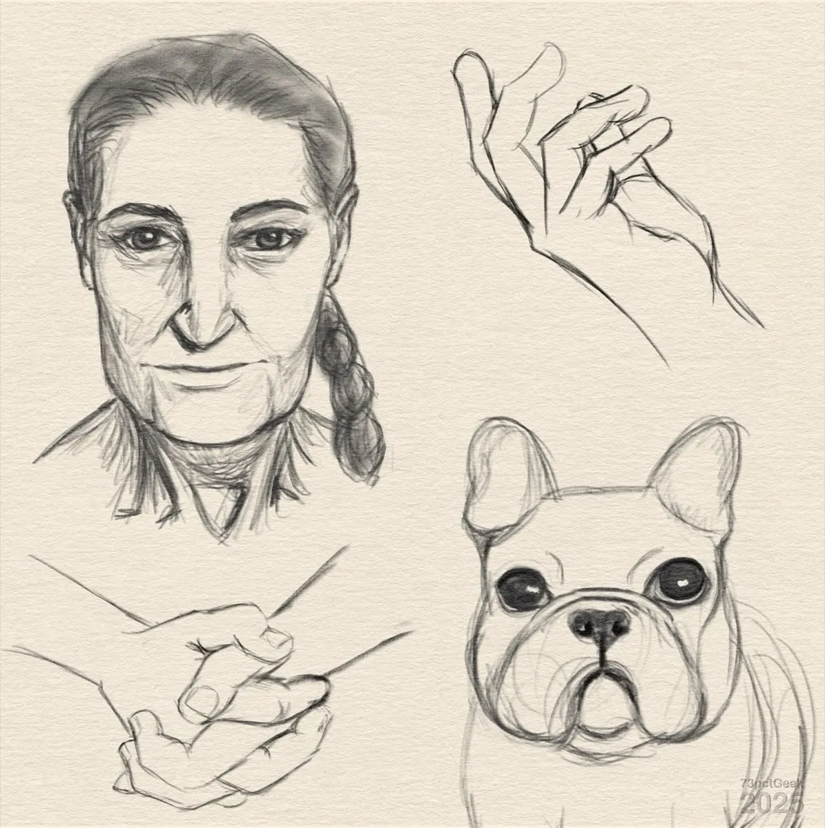 Digital graphite sketches of a pair of clasped hands, a different hand in a relaxed pose, a portrait of an older woman, and the face of a French Bulldog.