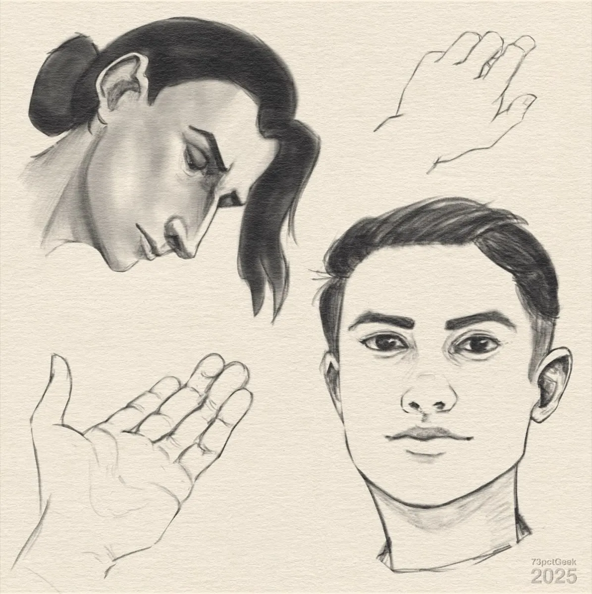 Digital graphite sketches of two different hands, a portrait of a young man facing the viewer, and young Silco from Arcane in profile.