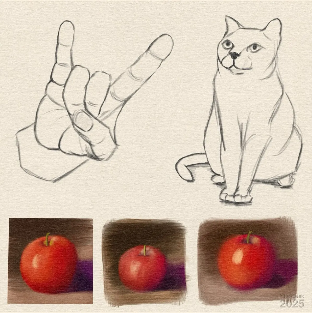Digital line-art of a cat sitting, and a hand in the metal gesture, and 3 painted colour studies of an apple.