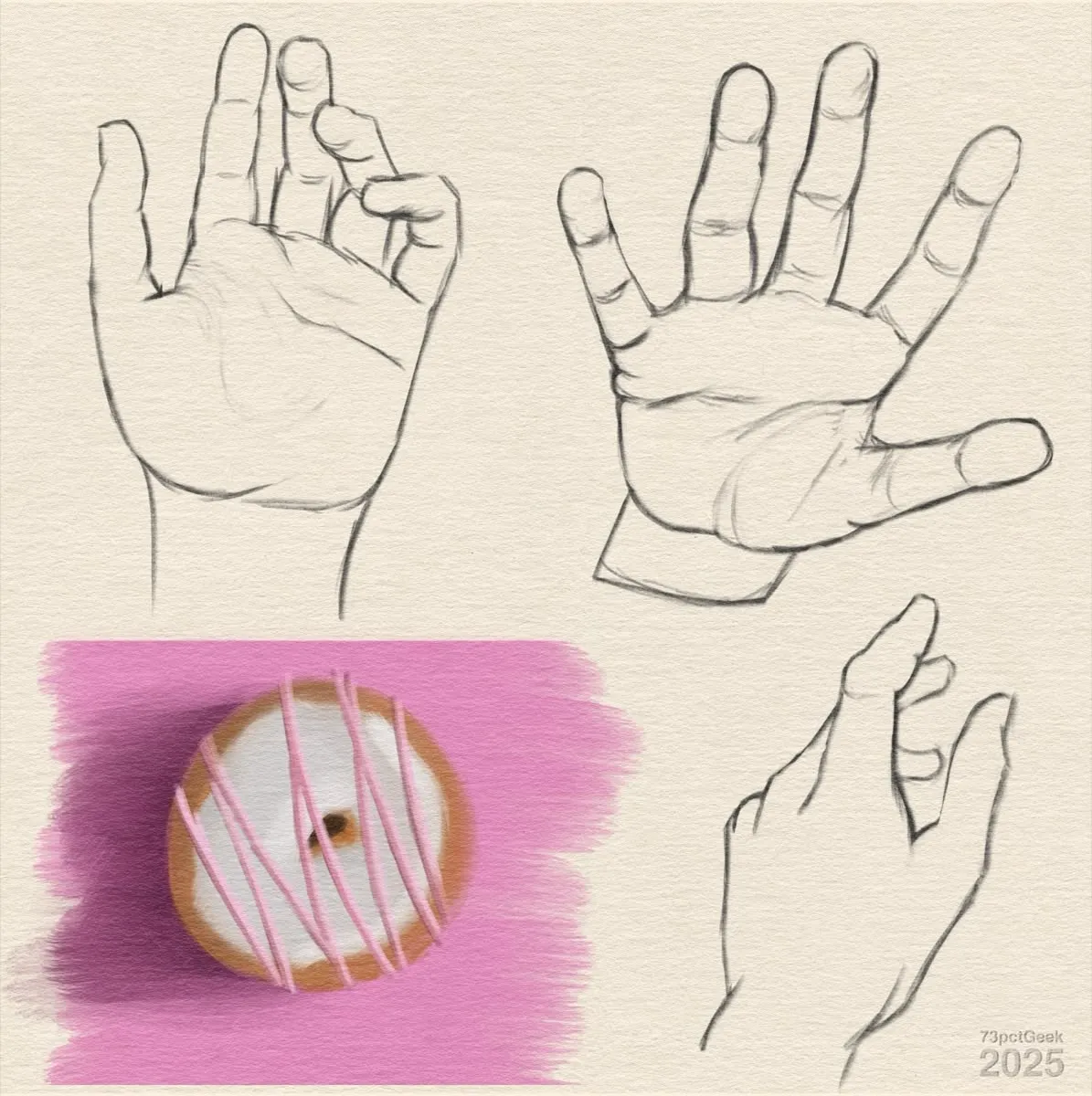 Digital line-art of three hands in various poses, and a painted colour study of a glazed donut on a pink background.