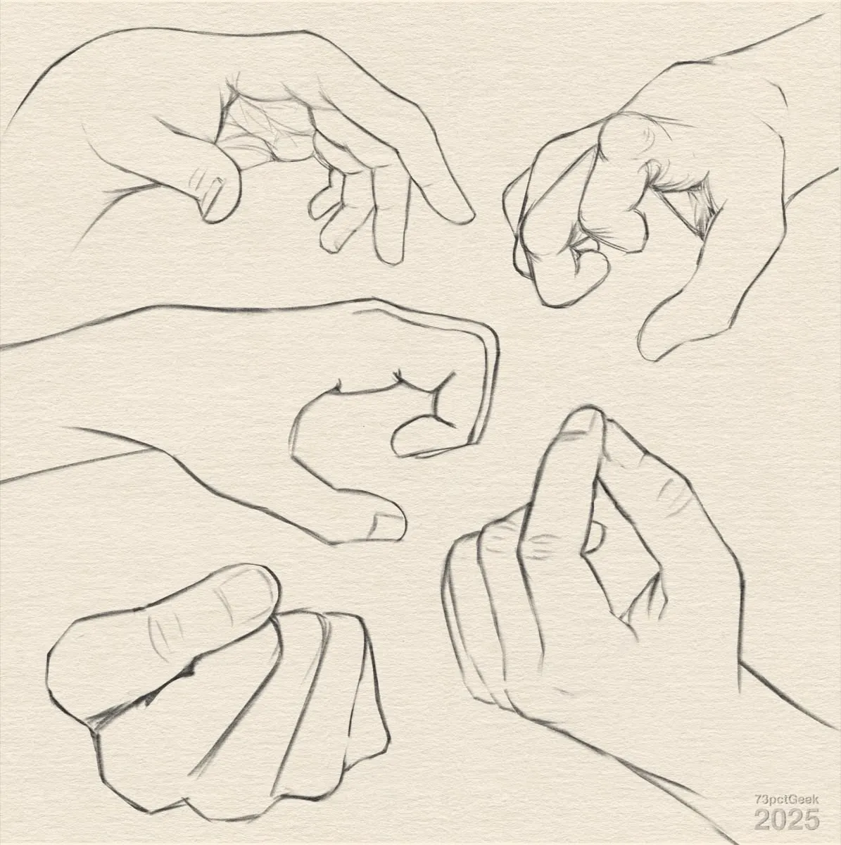 Digital line-art of five hands in various poses.
