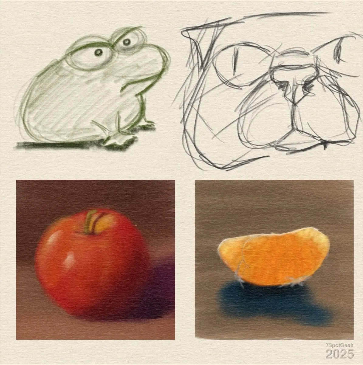 Digital sketchy pencil drawings of an annoyed frog, and a loose sketchy cat face, both stylised. Two simple digital gouache studies in colour, one of a whole red apple, the other a single mandarin segment.