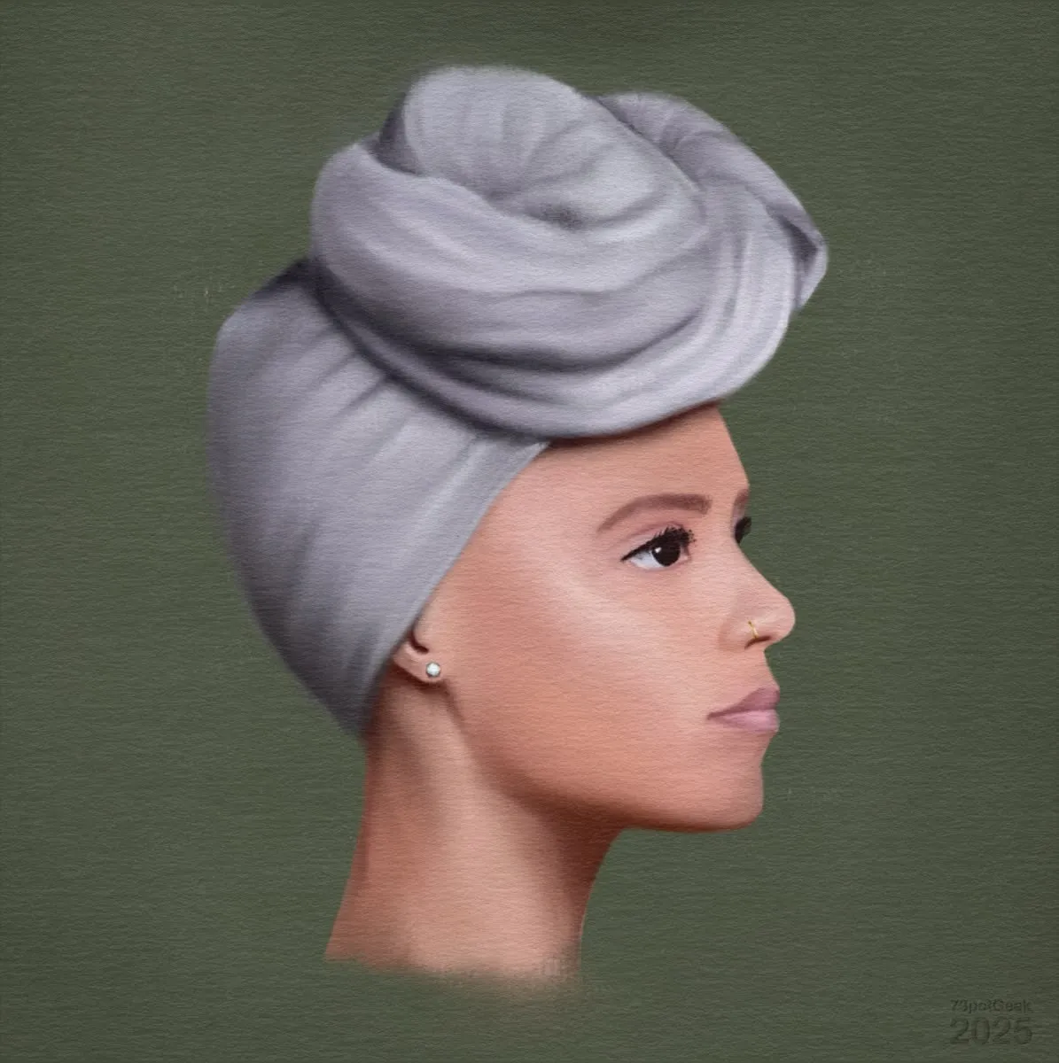 Digital painting of a brown skinned woman wearing a gray head wrap, in profile against a green background.