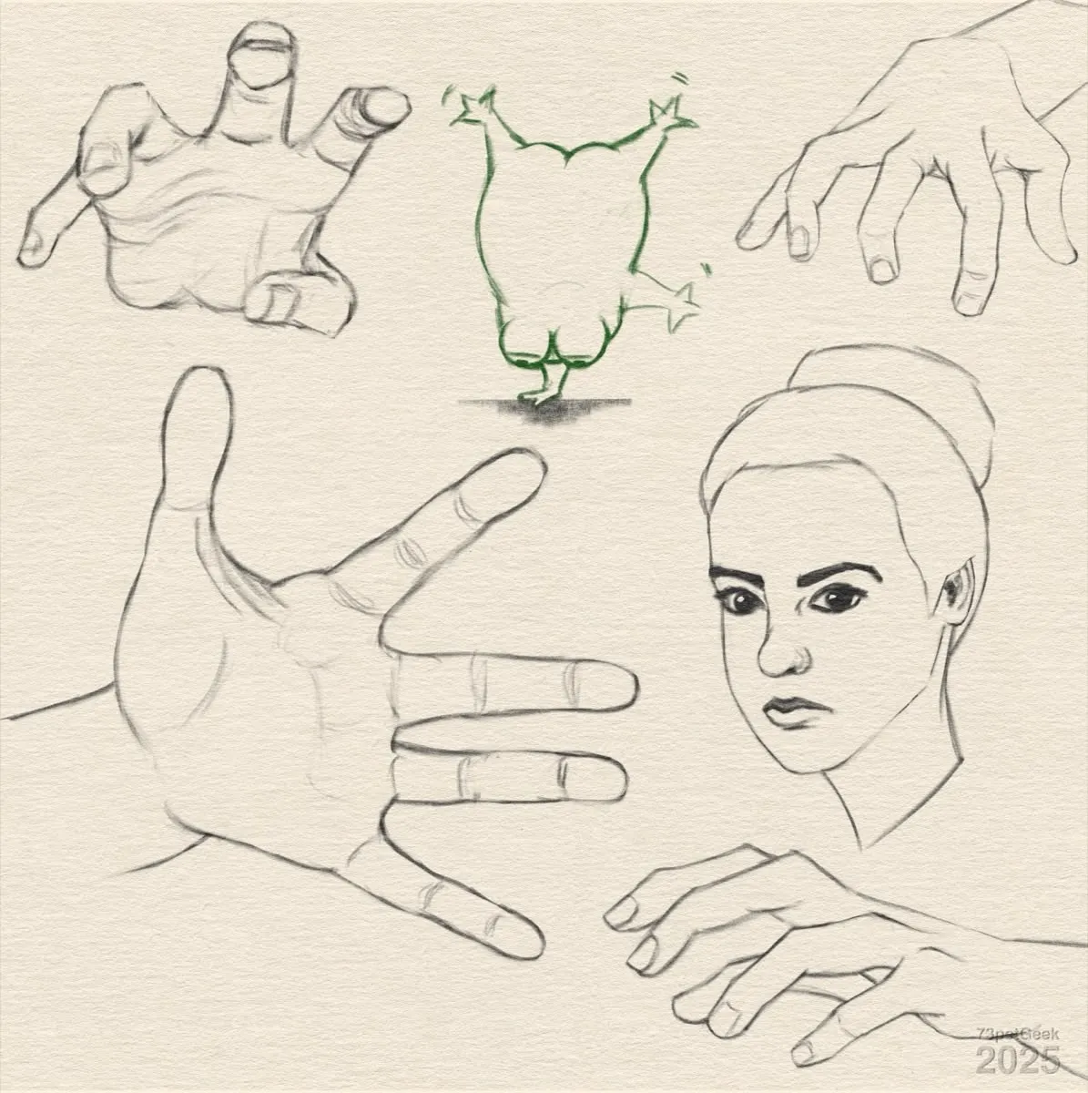 Digital lineart sketches of four different hands in various poses, a woman’s portrait, and a cartoony frog doing a handstand on one palm, seen from behind.