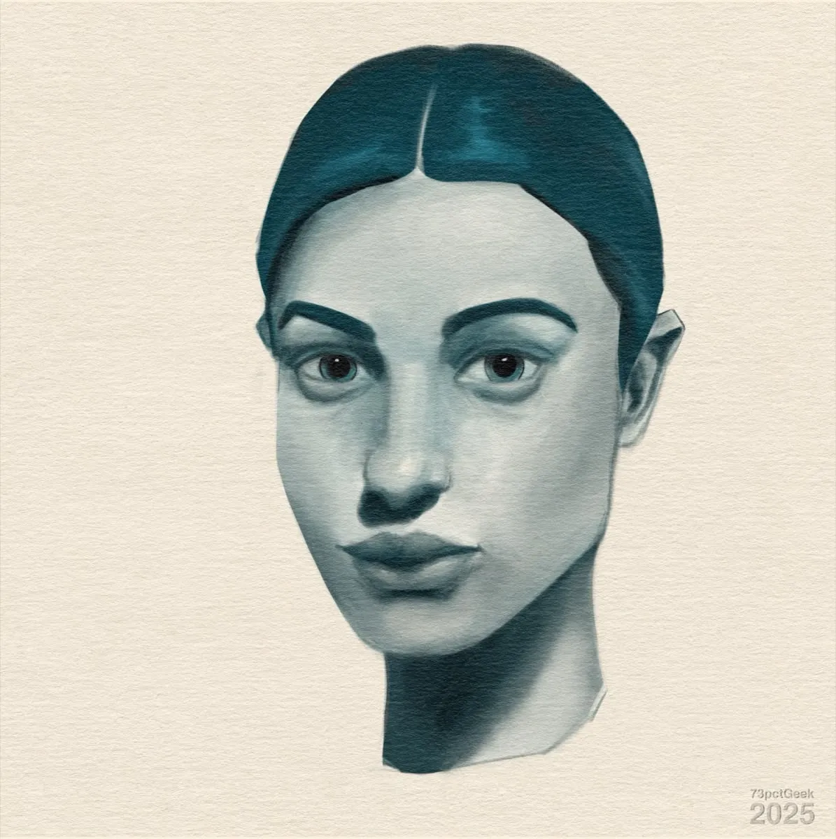 Digital monochrome sketch of a woman’s head, rendered in various blue tones.