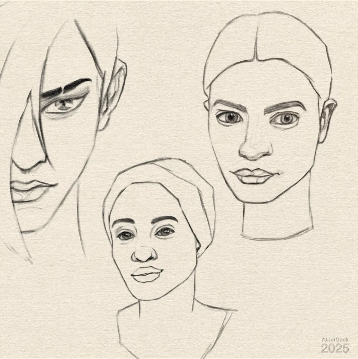 Digital line art sketches of three women’s heads.