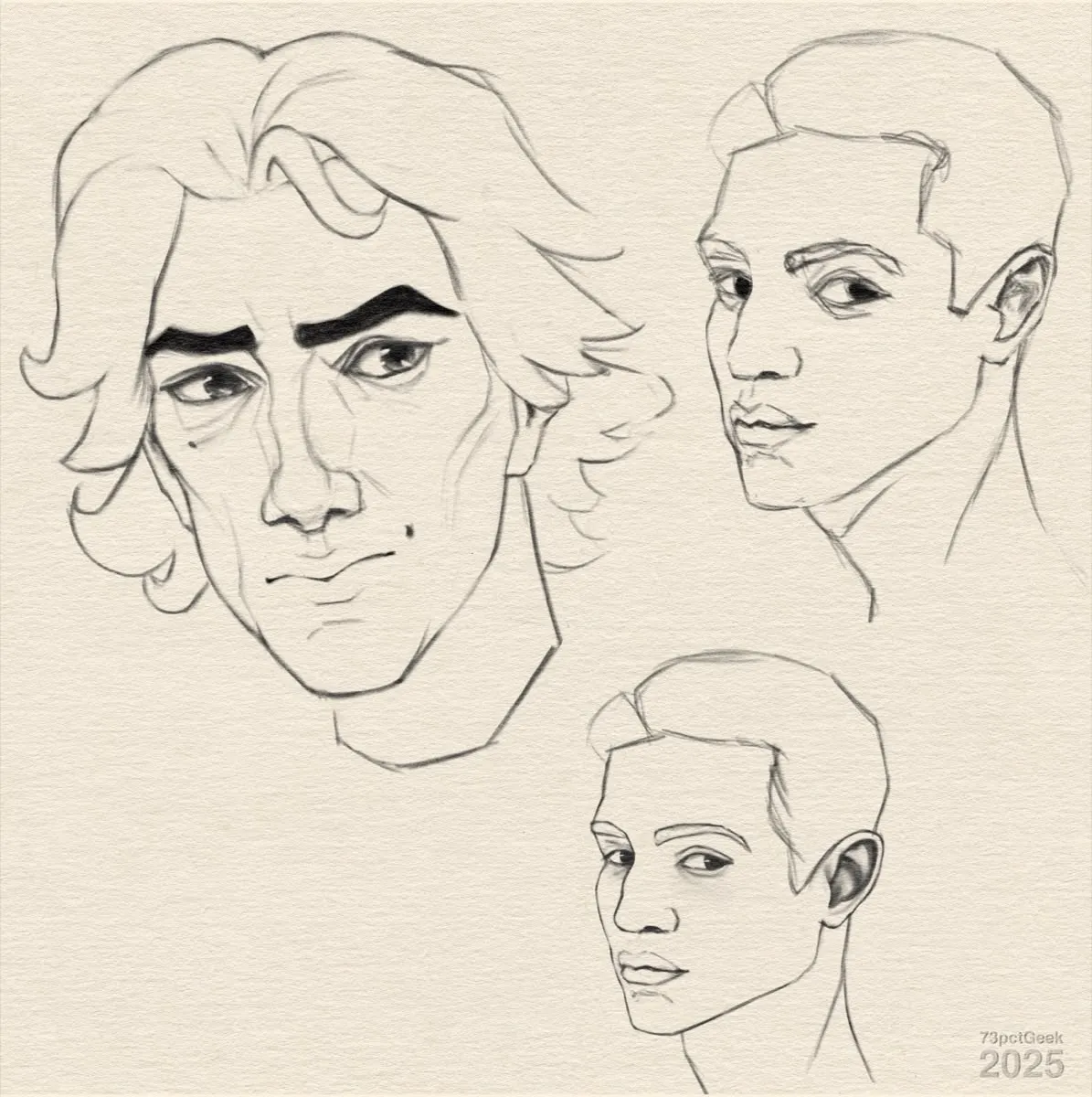 Digital line art sketches of Viktor from Arcane, and two versions of a man’s head, one loose and the other with more refined but stiffer lines.