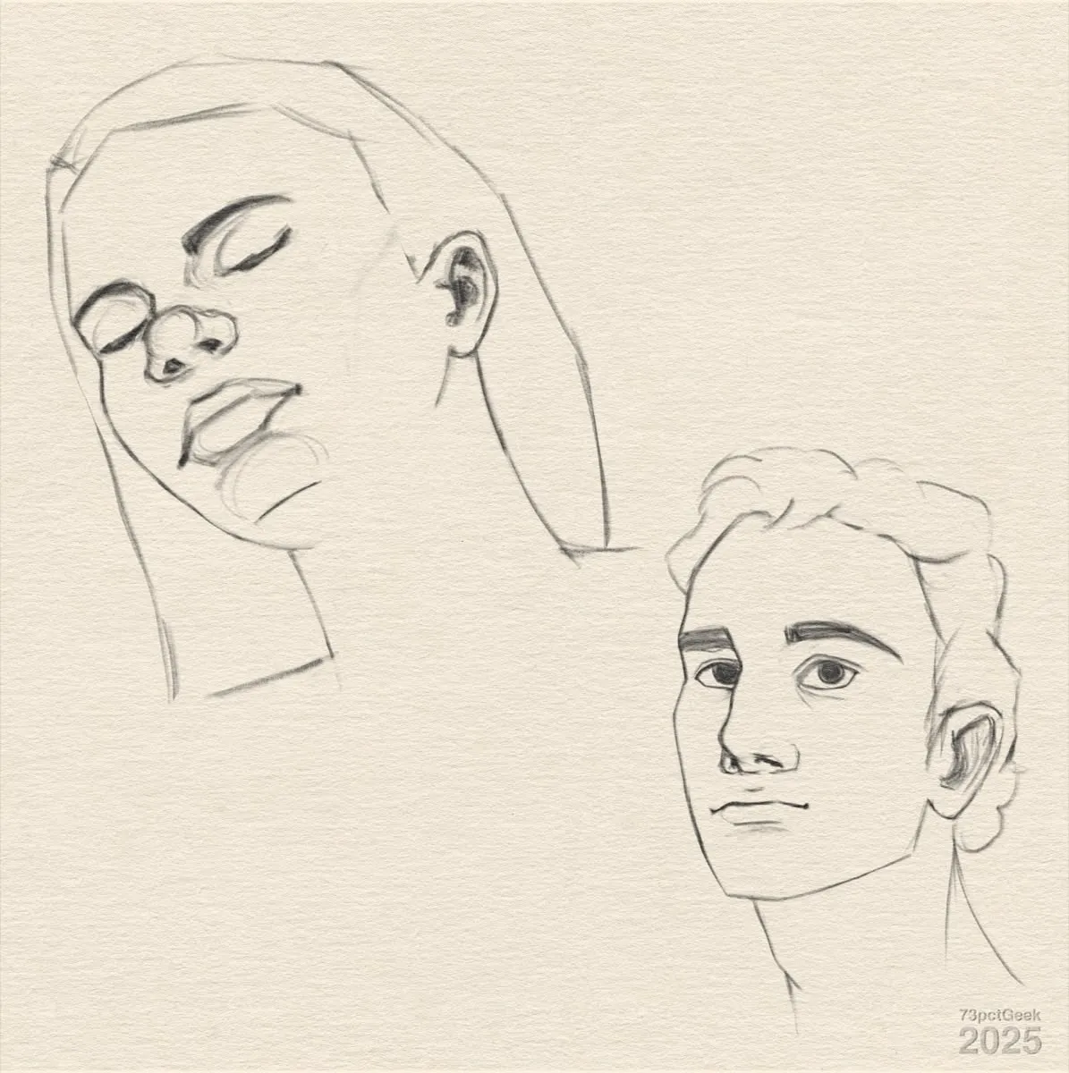 A hasty digital graphite line art sketch of a woman and a man’s face.