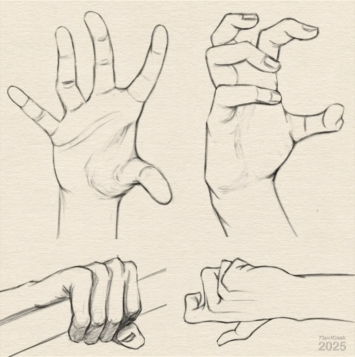 Digital line-art of four different hands in various poses.