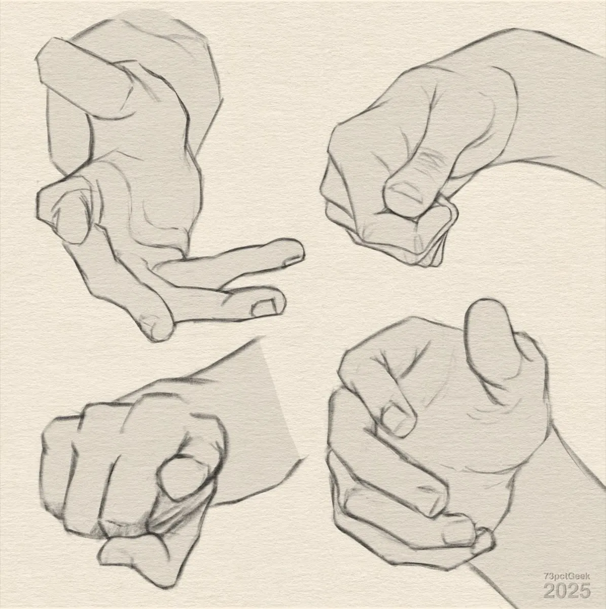 Digital sketches of four different hands in various poses.