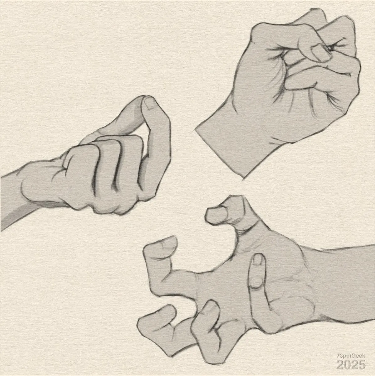 Digital sketches of three different hands in different poses.