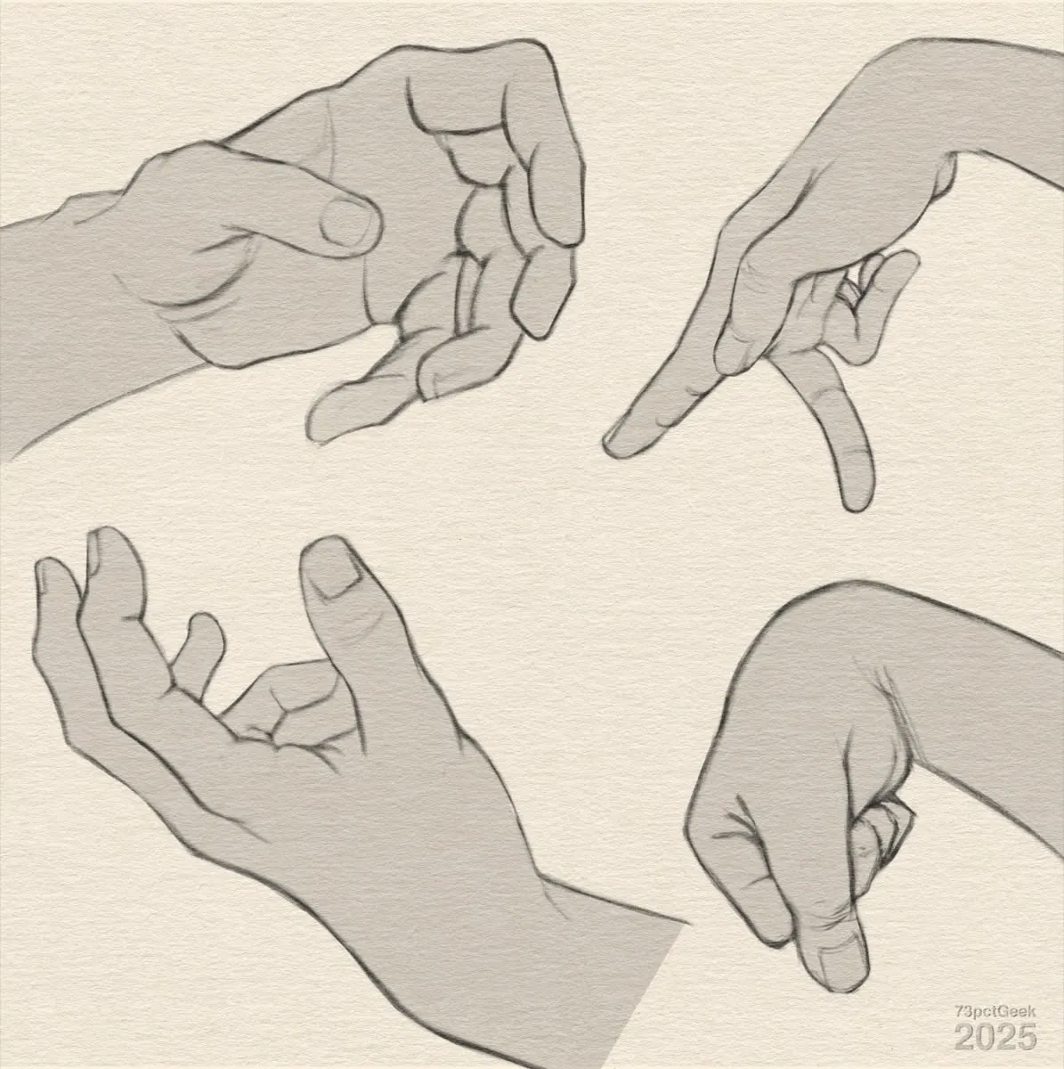 Digital sketches of four different hands in different poses.