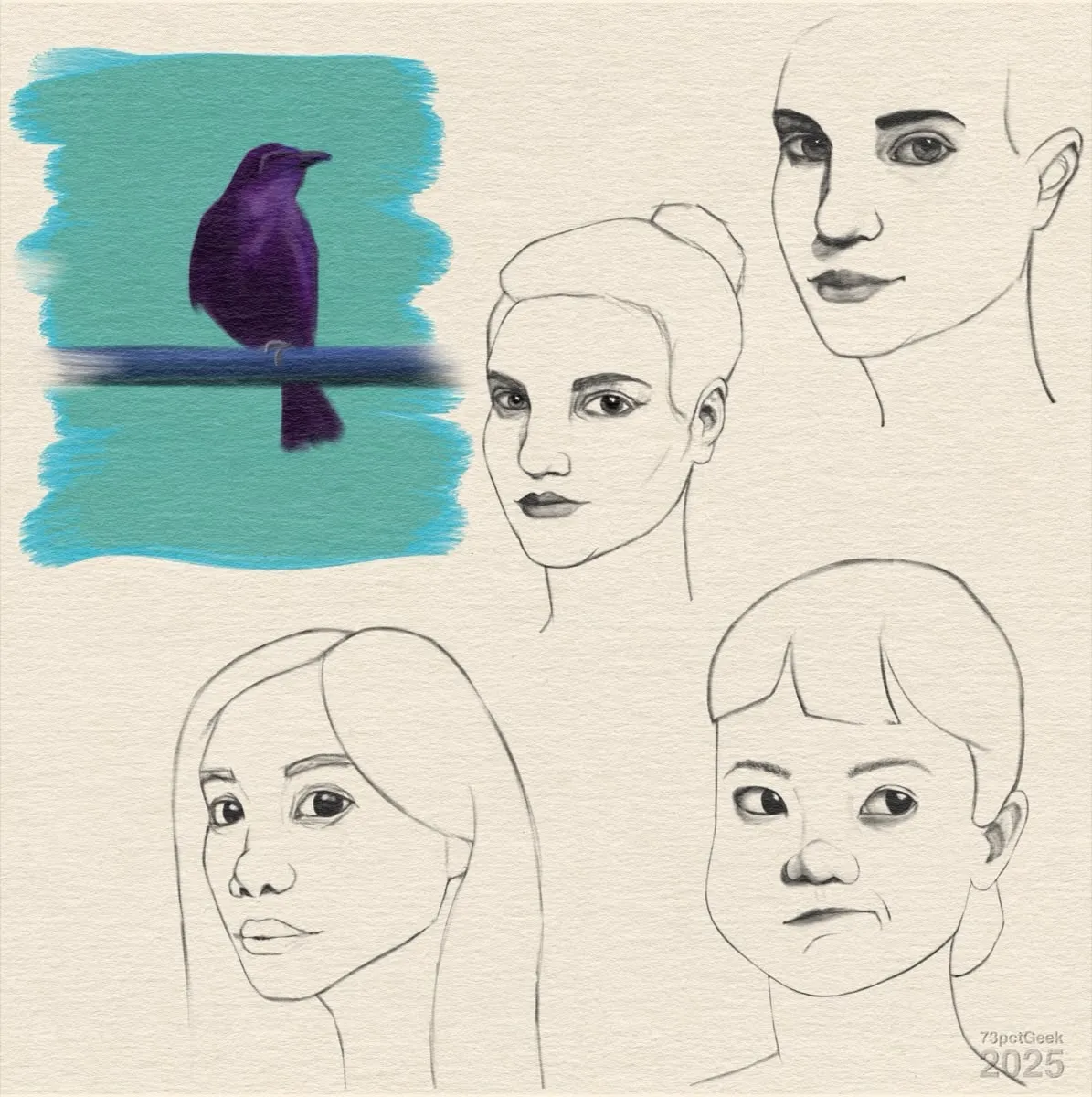 Digital line art sketches of four women’s heads, and a digital gouache study of a crow sitting on a wire.