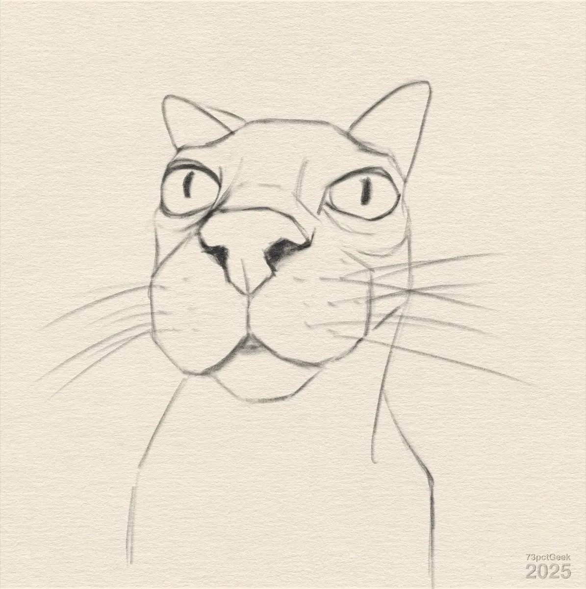 Digital line art sketch of a cats face in close-up, causing the nose to be exaggerated.