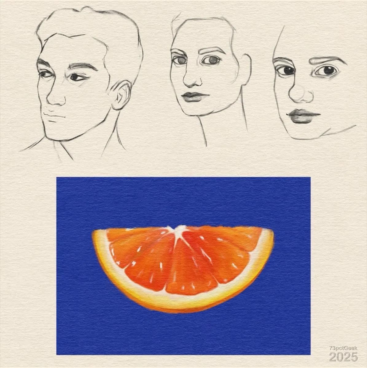 Digital graphite sketches of three different faces. A digital gouache of an orange slice against a blue backdrop.