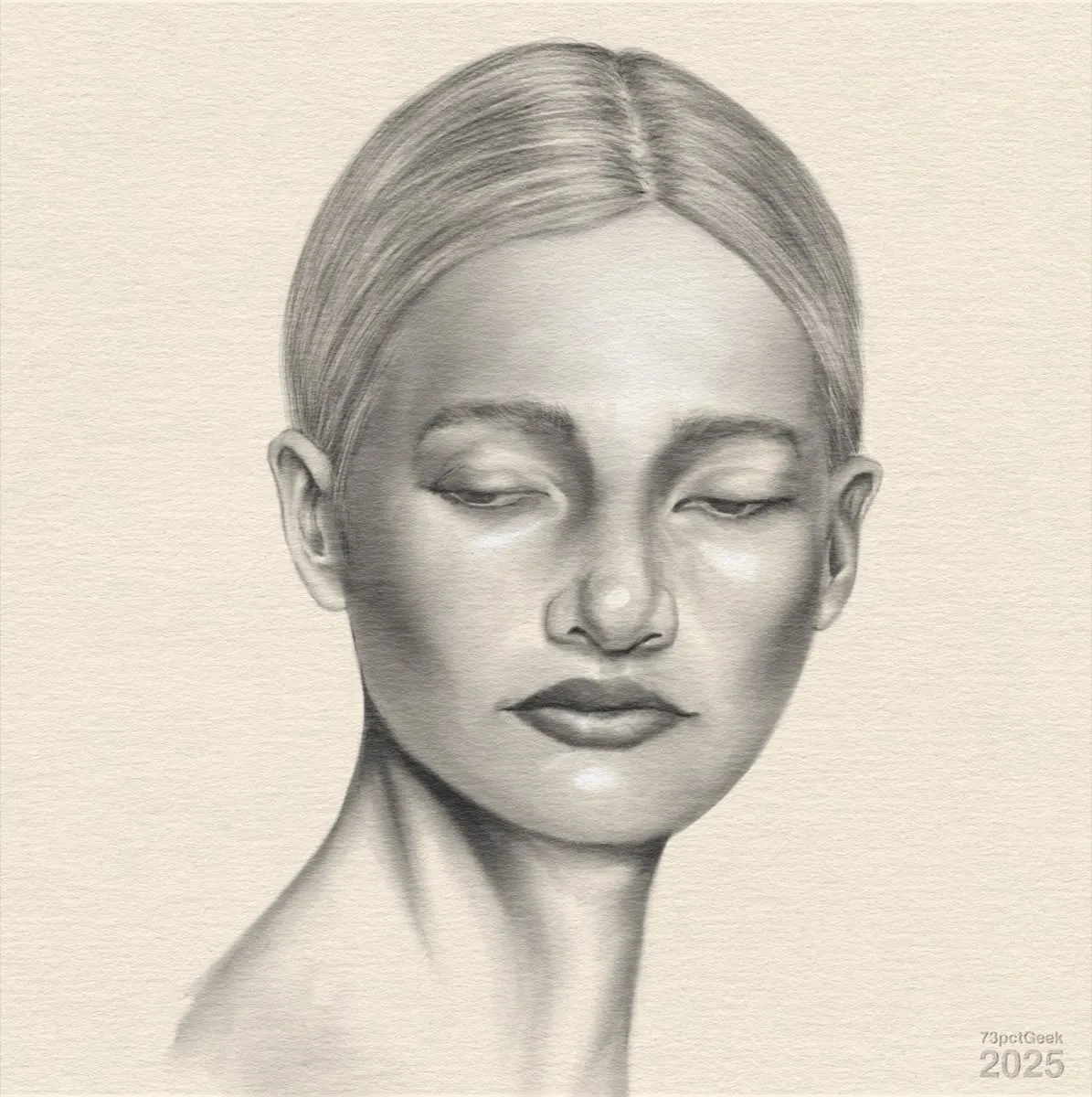 Portrait of a blonde woman rendered in digital graphite.