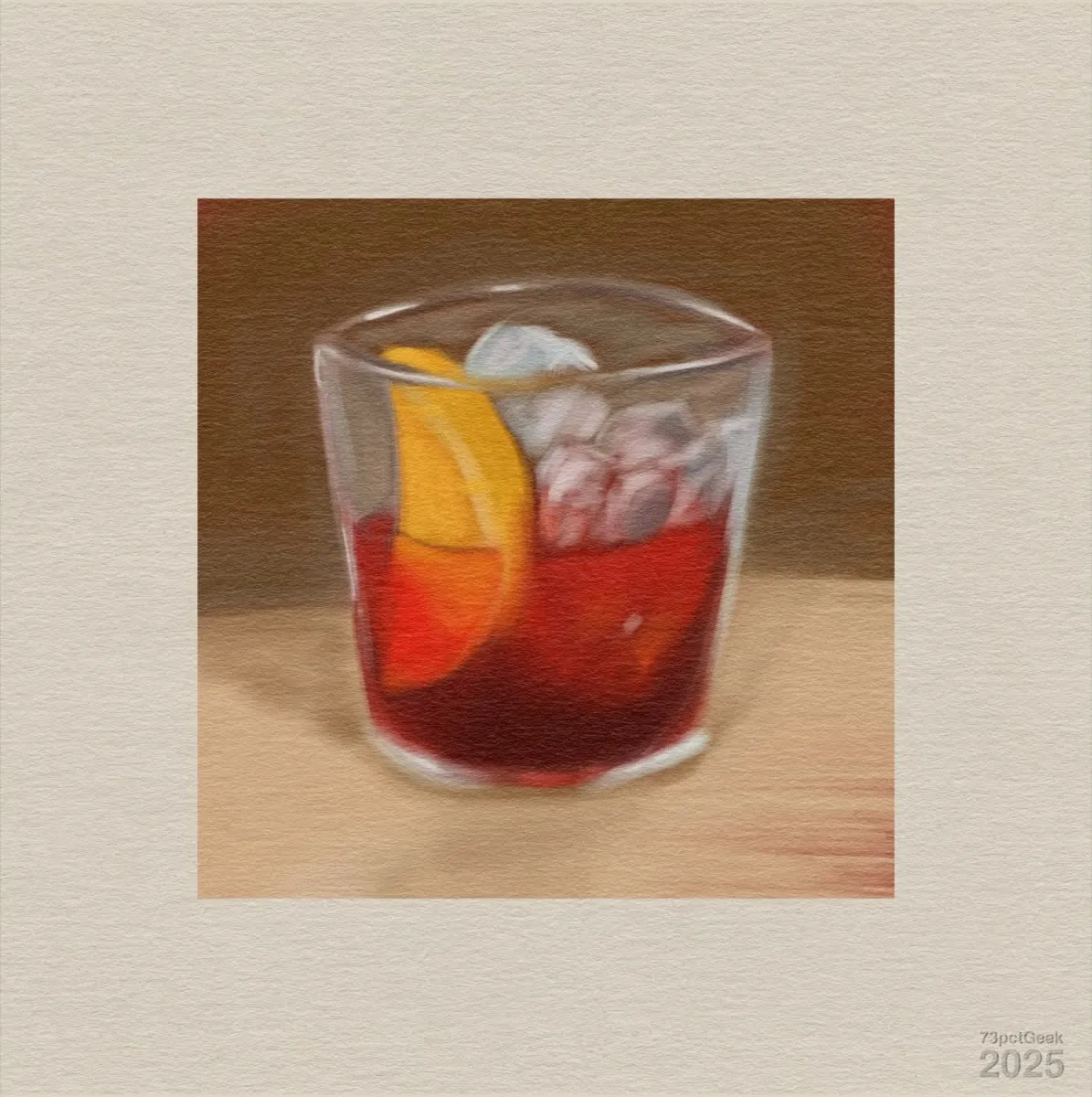 Digital gouache still life of a red drink in a glass with ice cubes and an orange slice.