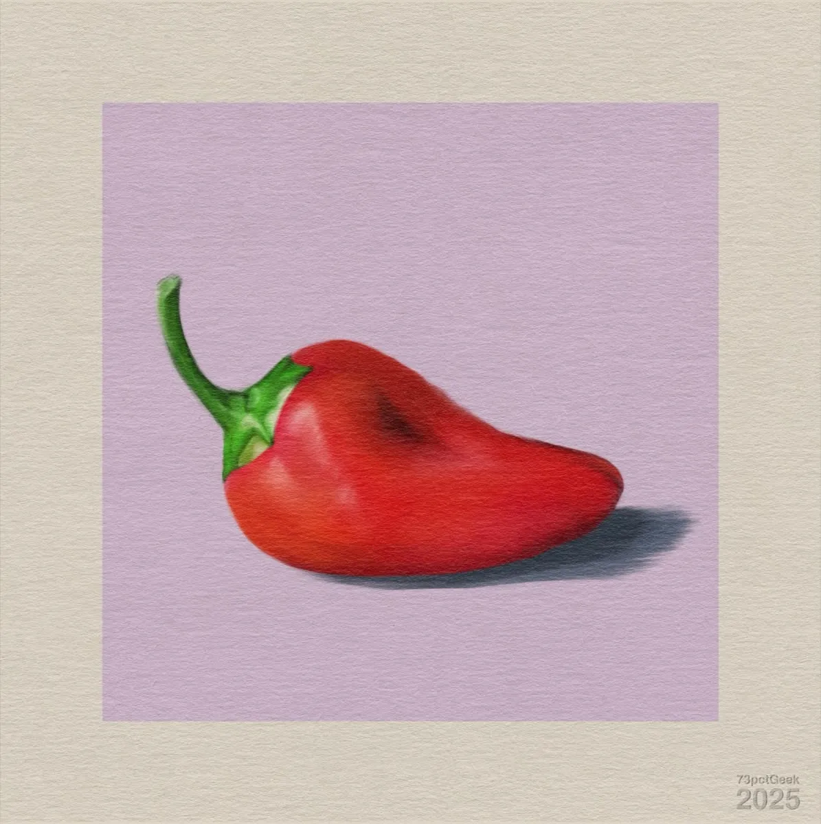 Digital gouache painting of a red chilipepper against a lilac backdrop.