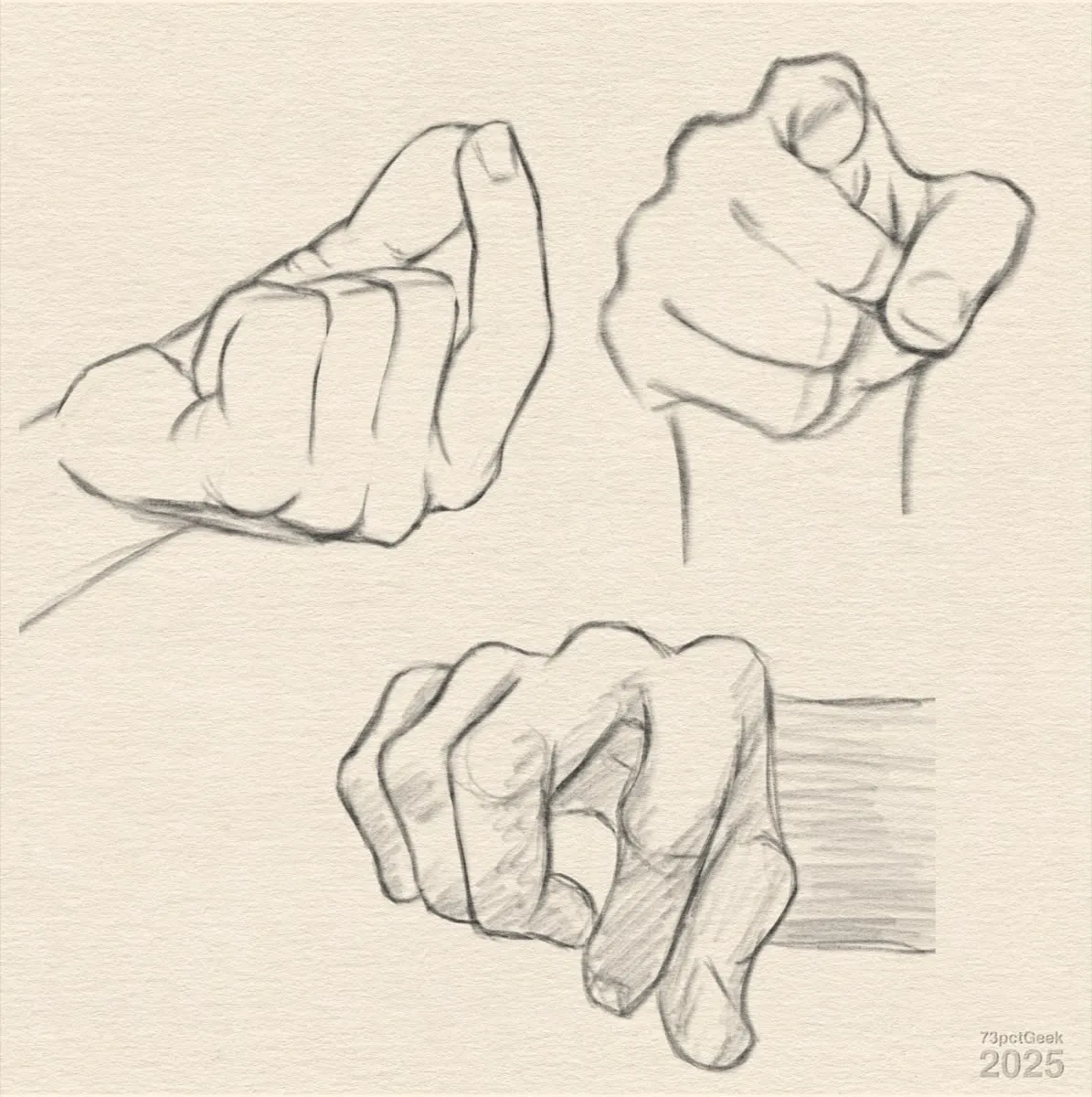 Digital graphite sketches of three different hands in various poses.