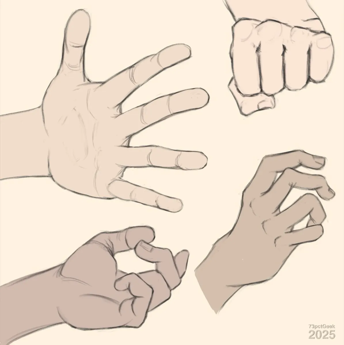 Digital graphite sketches of three different hands in various poses. Each hand has a flat colour of varying shades applied.