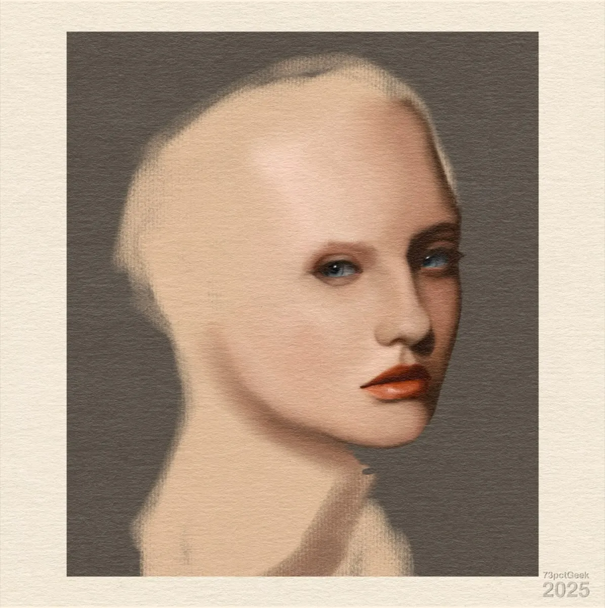 Extremely unfinished digital gouache painting of a pale-skinned woman’s face. Only the eyes, nose and lips are near being finished.