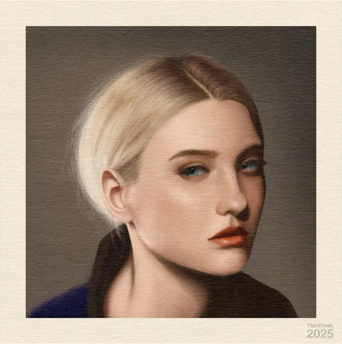 Digital gouache painting of a blonde blue-eyed pale-skinned woman’s face.