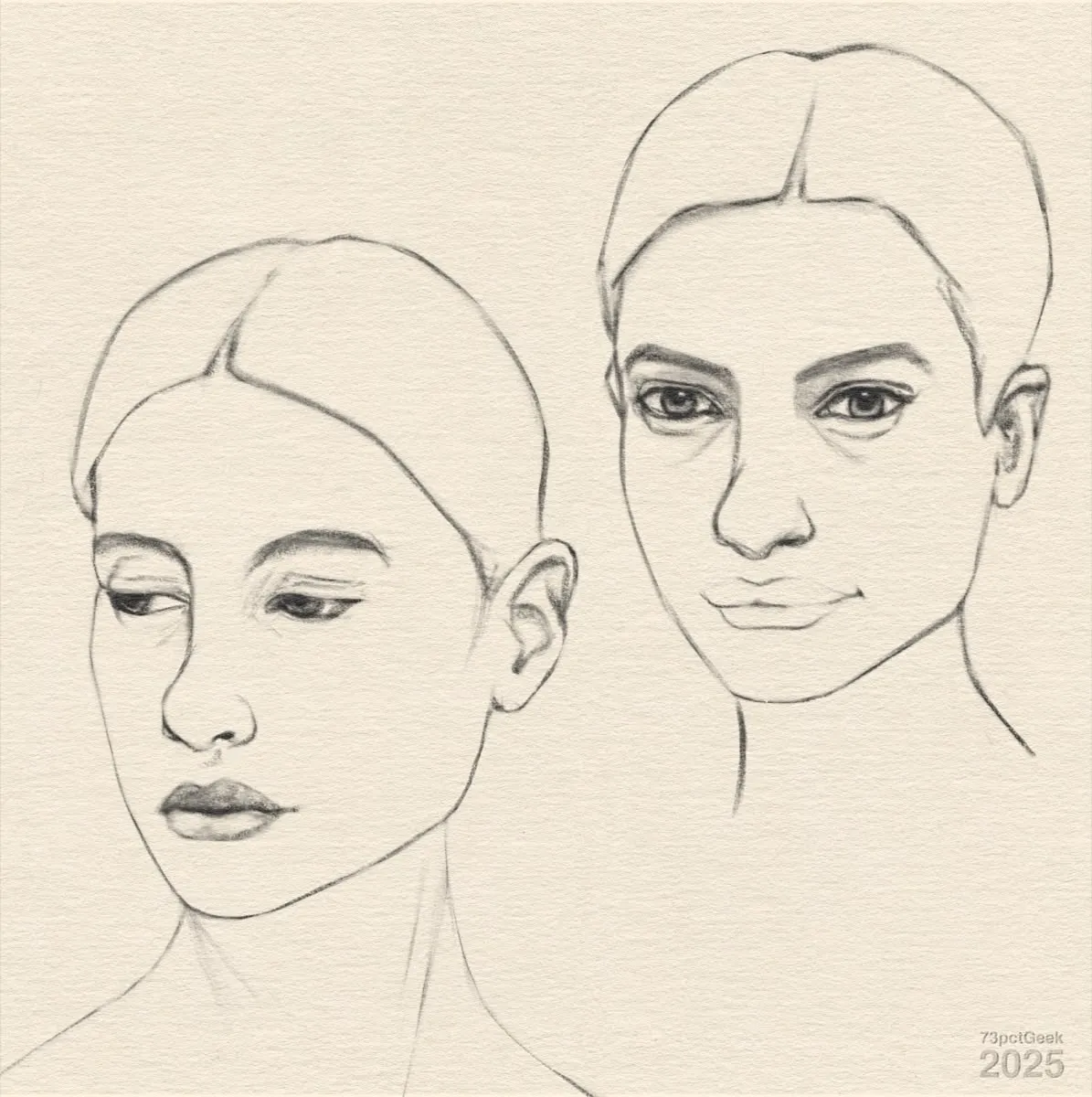 Digital graphite line drawings of two different women’s heads.