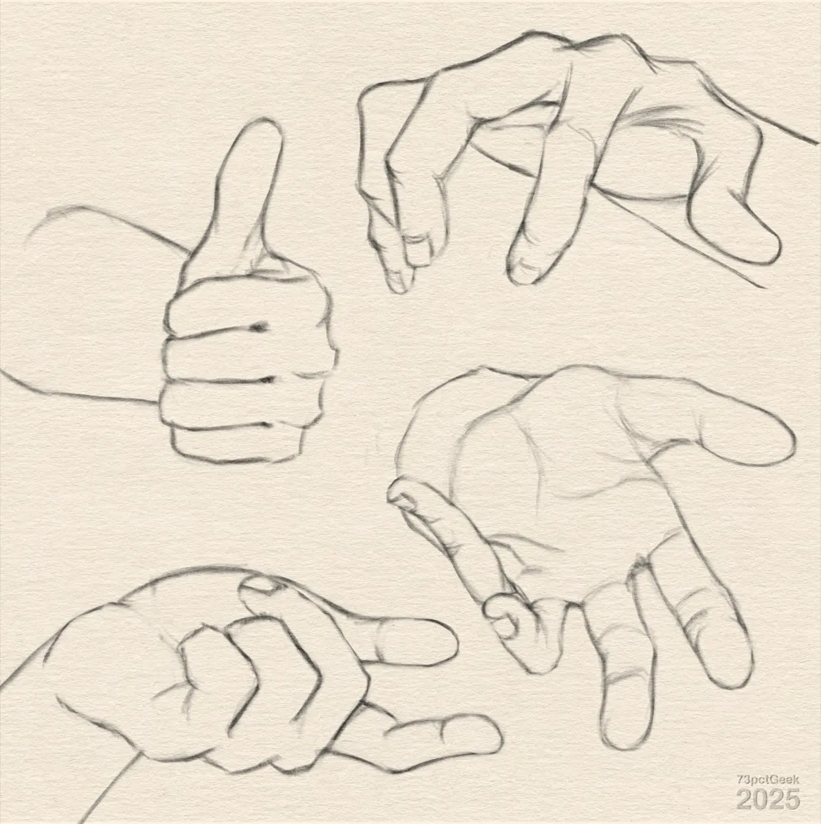 Digital graphite sketches of four different hands in various poses.