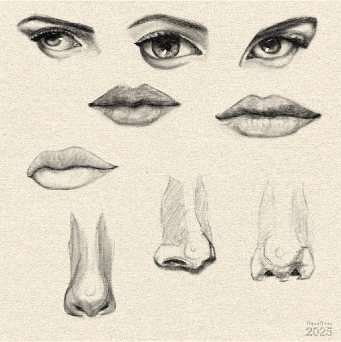 Digital graphite sketches of three different eyes, noses, and lips.