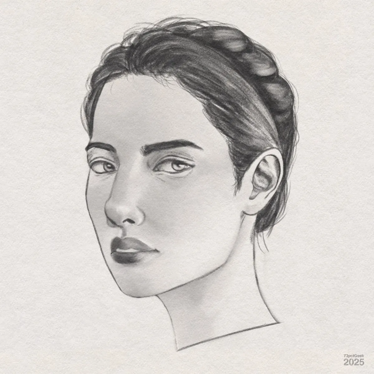 Lightly shaded digital graphite sketch of a dark-haired woman’s head.