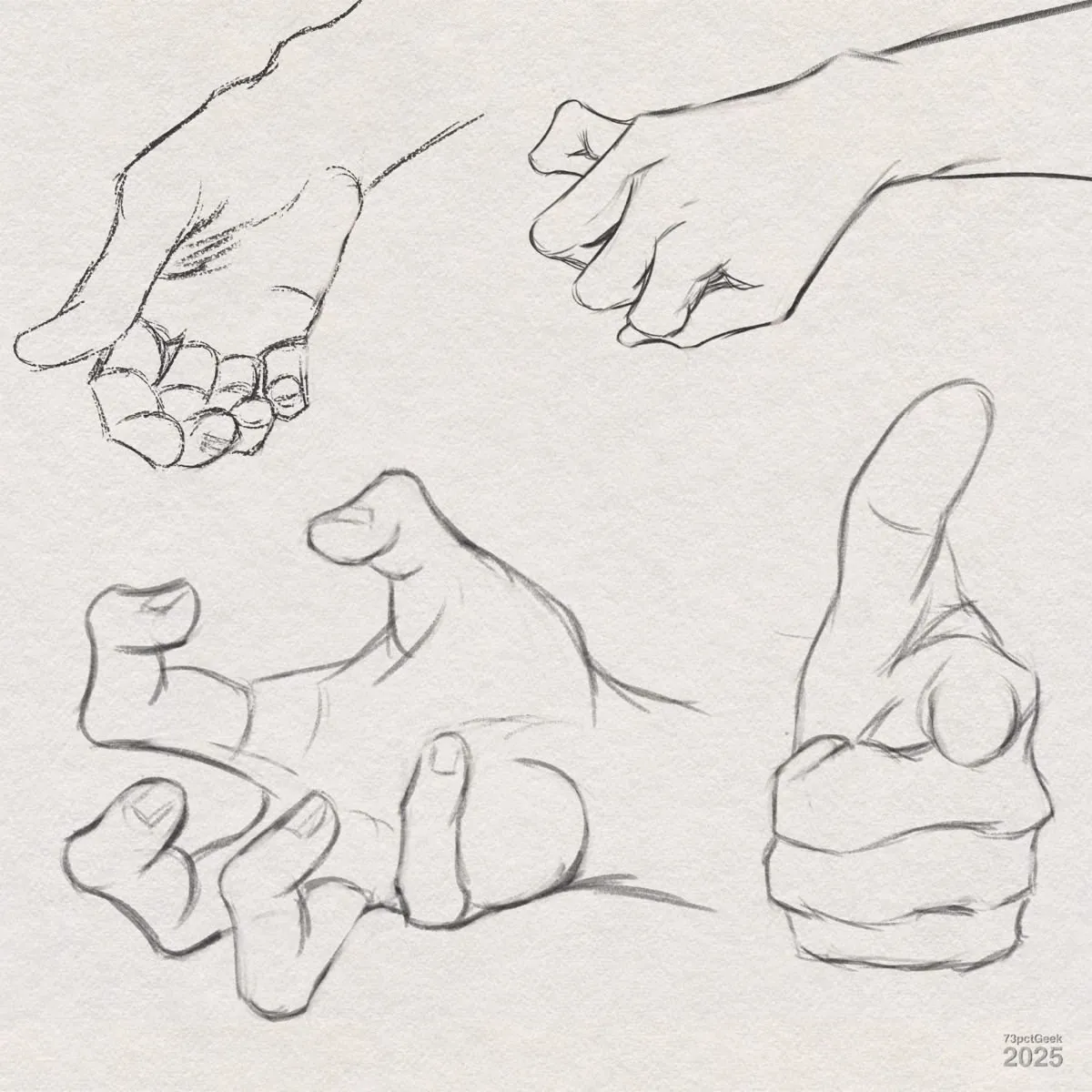 Digital graphite sketches of four different hands in various poses.