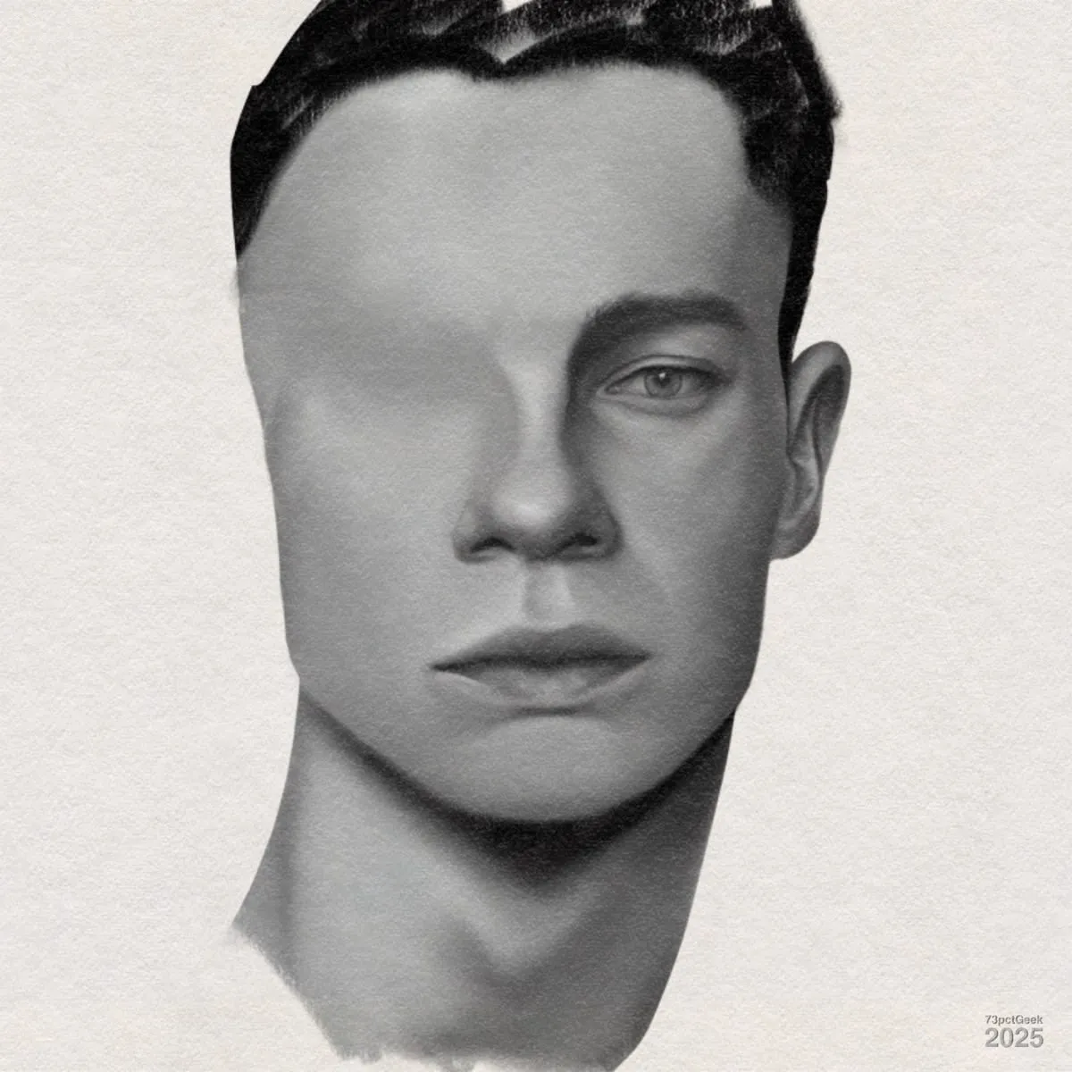 Unfinished black and white digital gouache painting of a man's head.