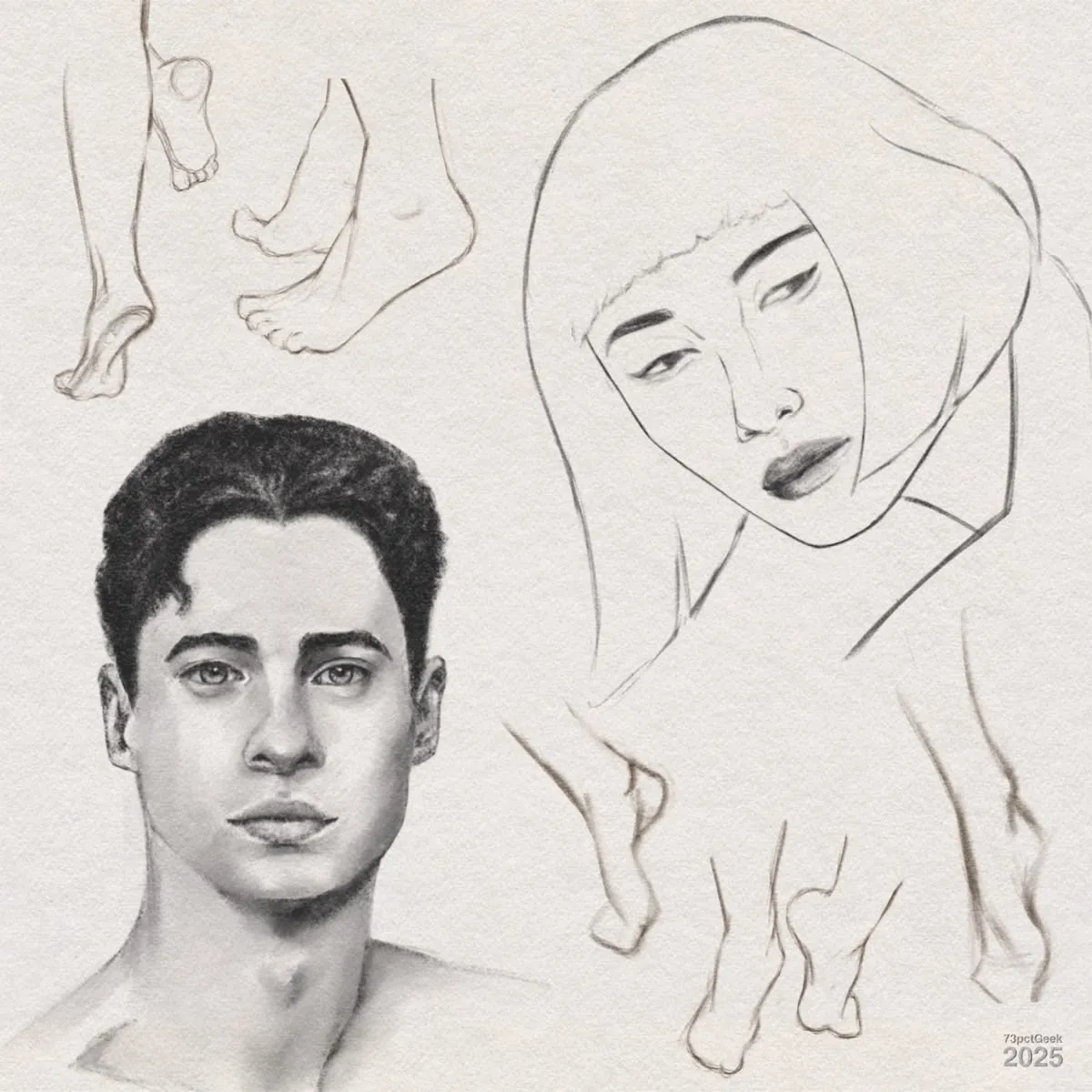 Digital sketches of various feet in different poses, a line-art sketch of a woman’s head, and a shaded man’s head.
