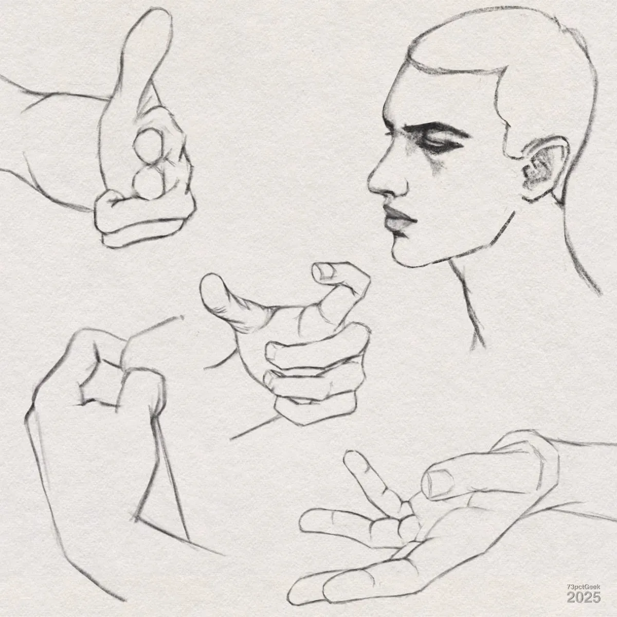 Digital graphite sketches of four differanse in various poses, and a man’s head in profile.
