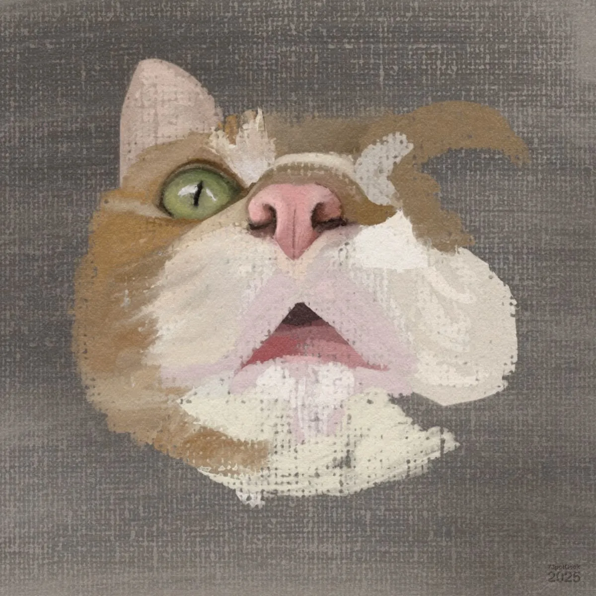 Unfinished digital oil painting of an orange cats face.